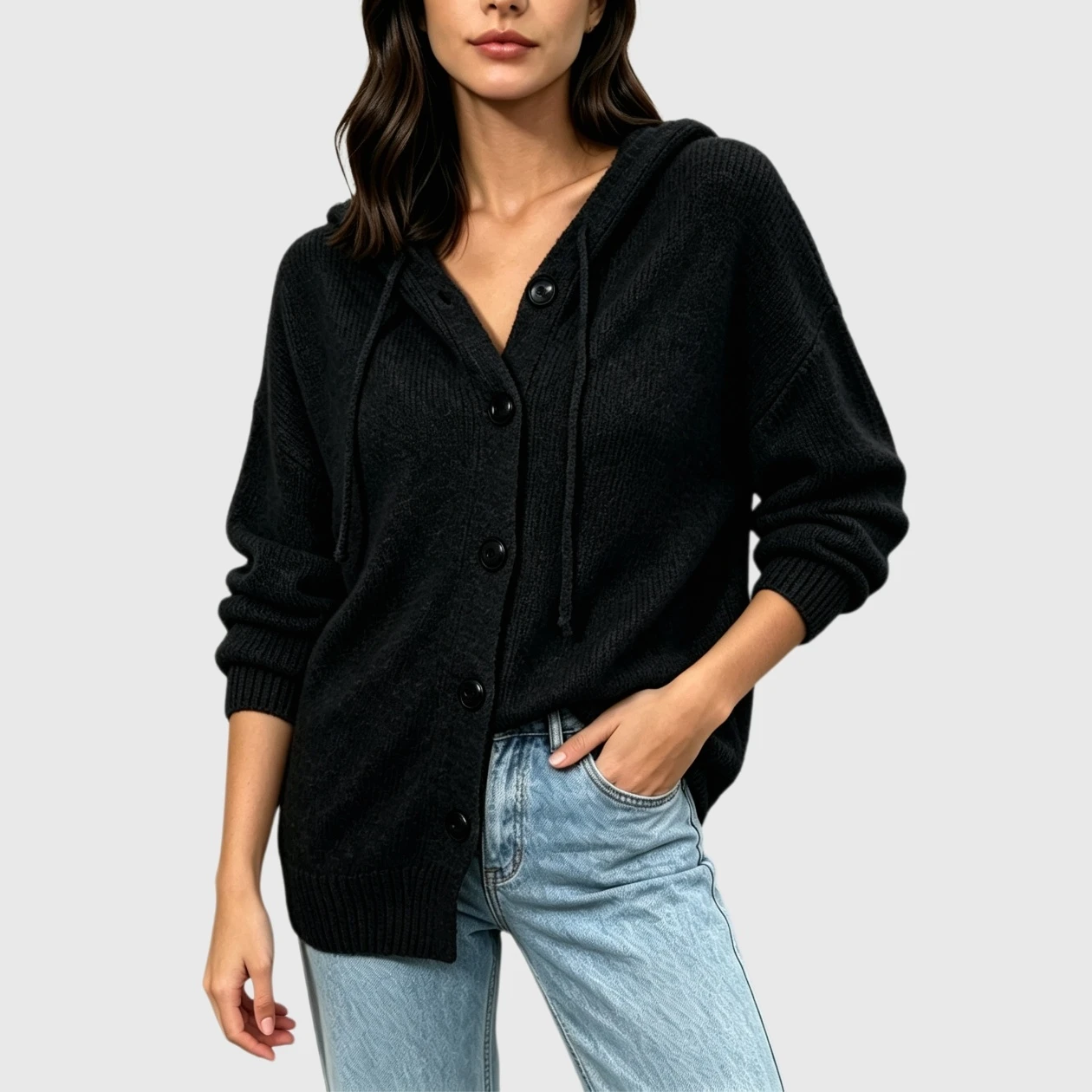 YesFashion Women's Hooded Cardigan Sweaters Casual V Neck Button Down Long Sleeve Kint Coat Outfits