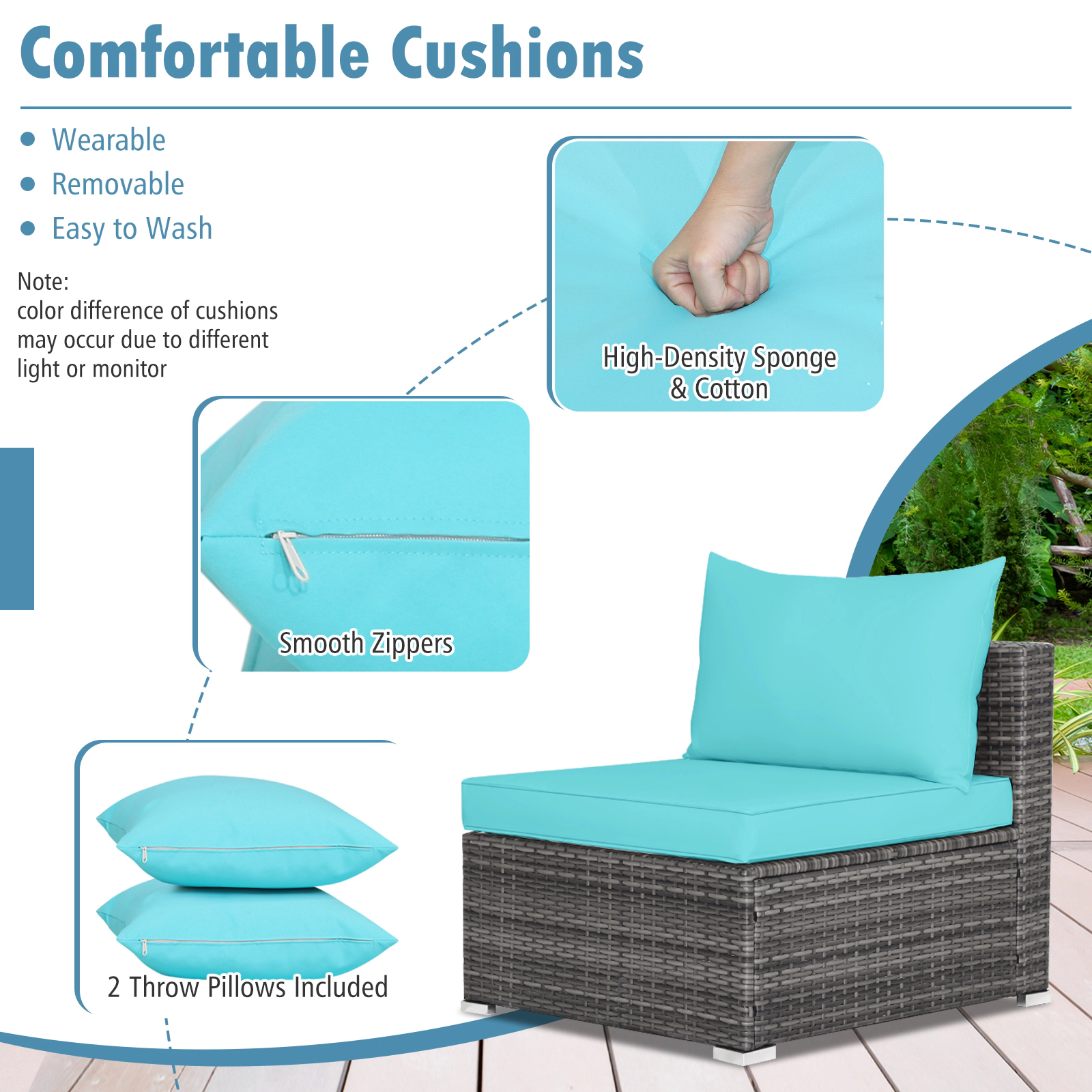 SUGIFT 7-Piece Turquoise Wicker Patio Sectional Set, 4 Armless Sofas, 2 Corner Sofas, Cushions