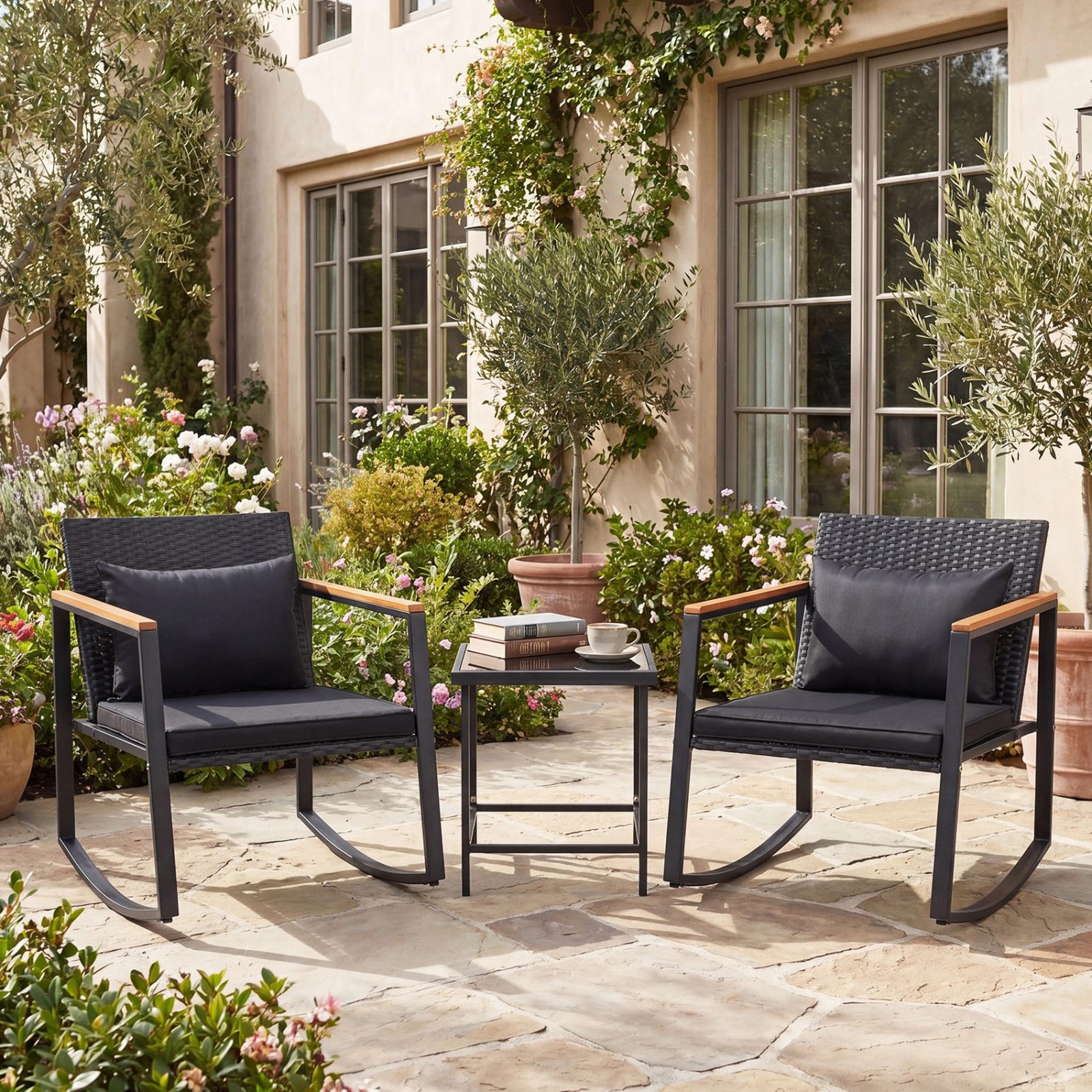 SUGIFT Outdoor Rocking Bistro Set with Cushions & Tempered Glass Table 397-lb Chair Capacity 99-lb Table Capacity Black