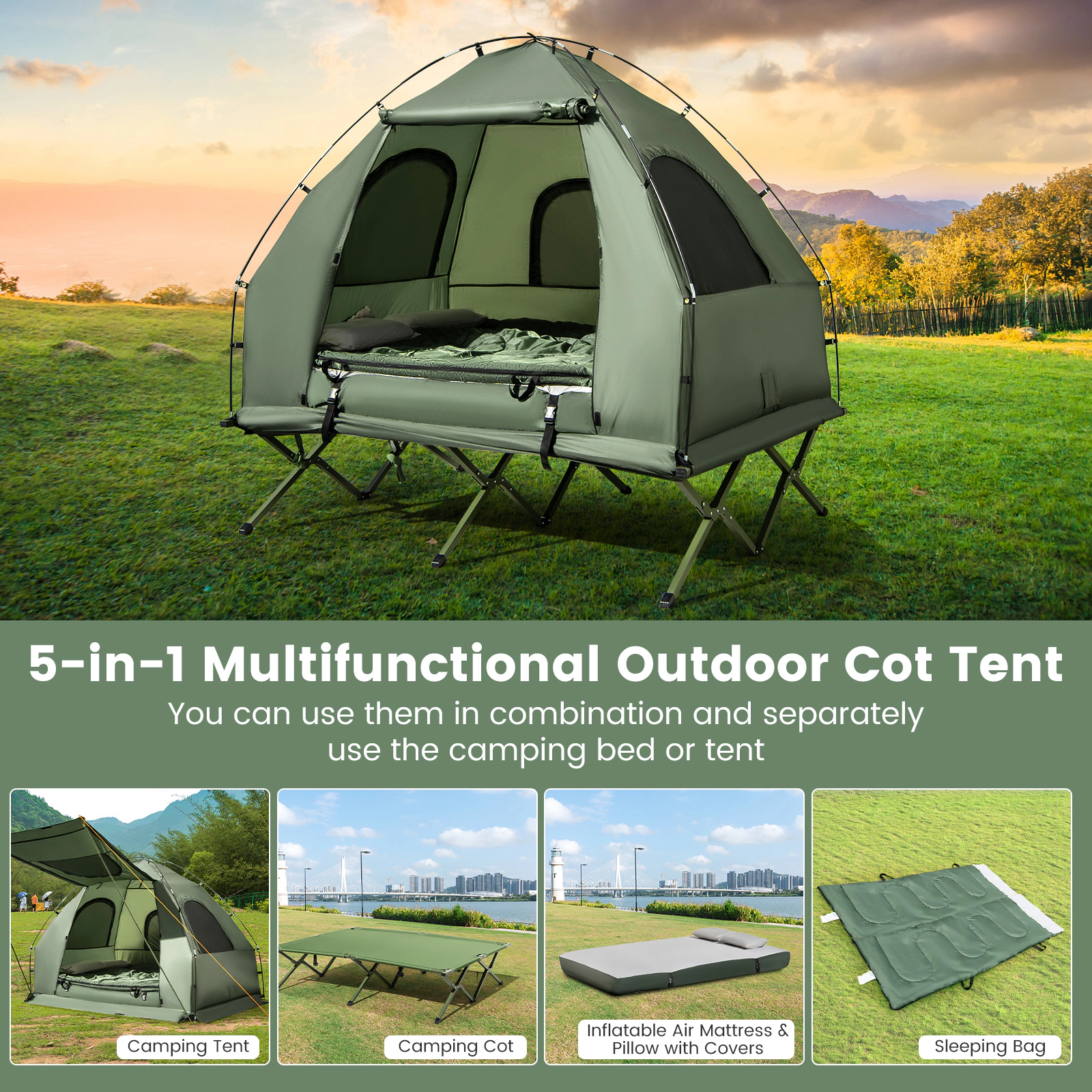 SUGIFT 500-lb Capacity 2-Person Foldable Tent Cot with Air Mattress Sleeping Bag Pillow and Wheeled Bag
