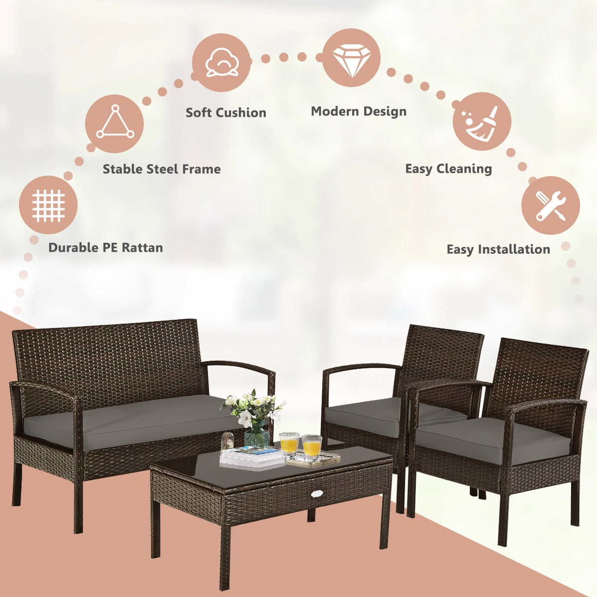SUGIFT Patio Conversation Furniture Set with Loveseat Chairs and Coffee Table 790-lb Loveseat Capacity Brown/Black