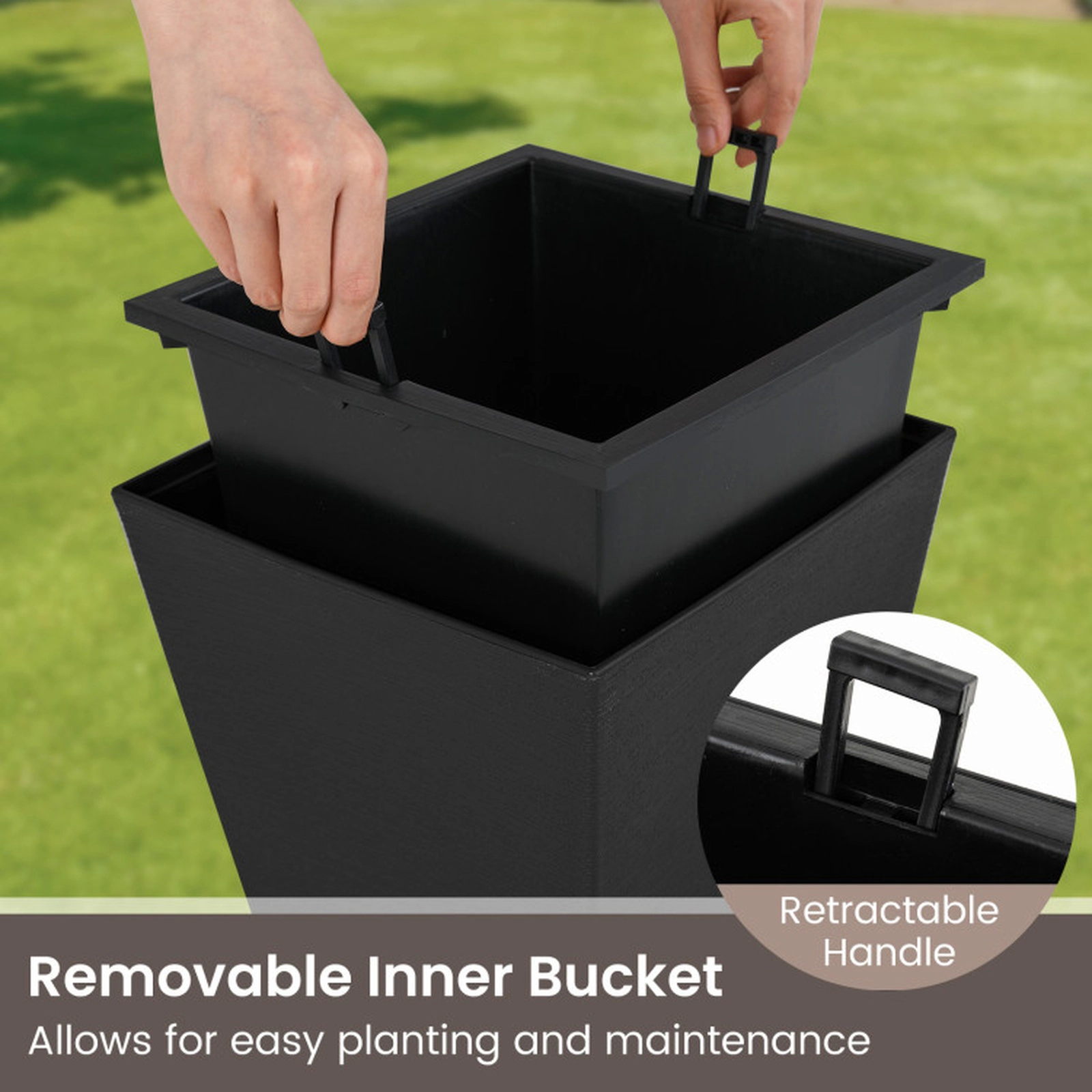 SUGIFT Set of 2 Square Taper Planters with Removable Inner Buckets 14-in Tall Self-Watering Brown