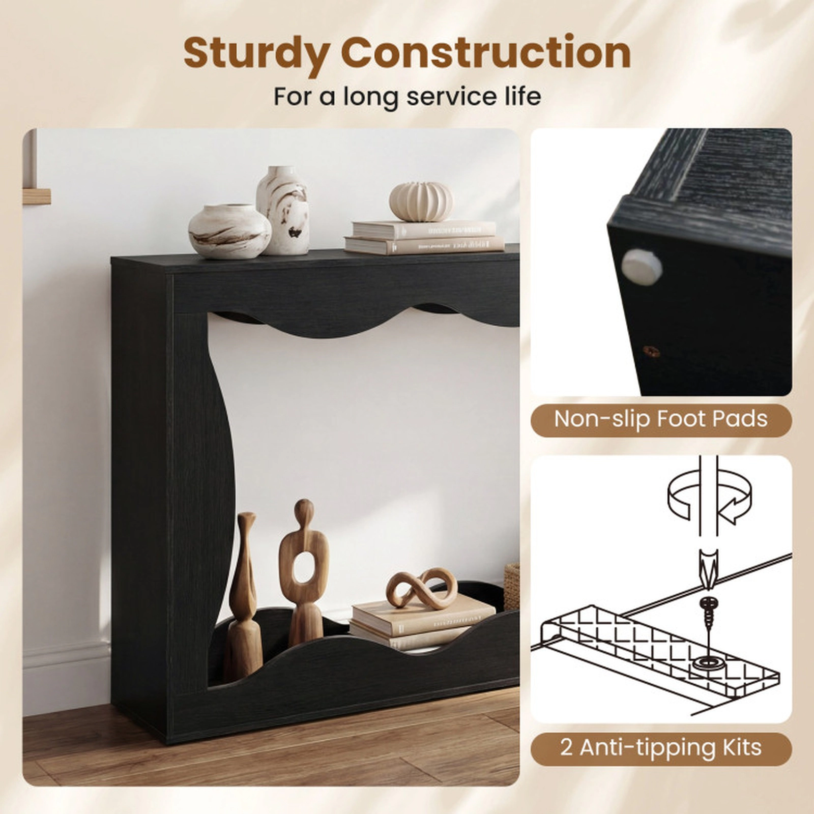 SUGIFT 63-in 2-Tier 132-lb Capacity Narrow Black Console Table with Wavy Cut-Out Edge and Open Bottom Shelf