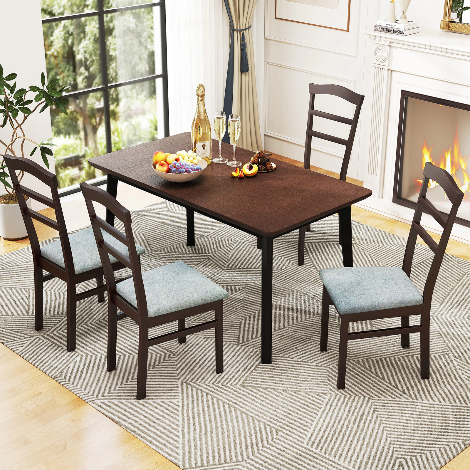 LJG Wooden Dining Chair Set of 2 Linen Fabric Upholstered Kitchen Chairs Farmhouse Side Accent Chairs