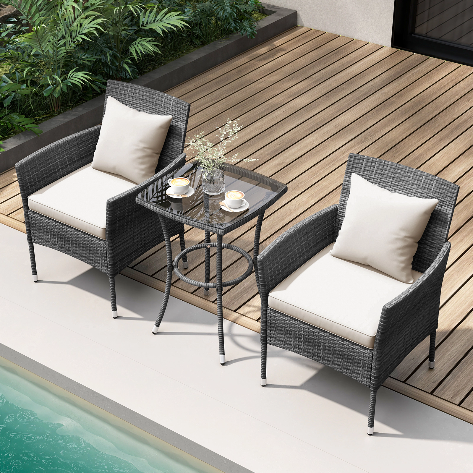 SUGIFT 3-Piece PE Rattan Patio Conversation Set with Cushioned Chairs and Tempered Glass Table 400-lb Chairs Off White