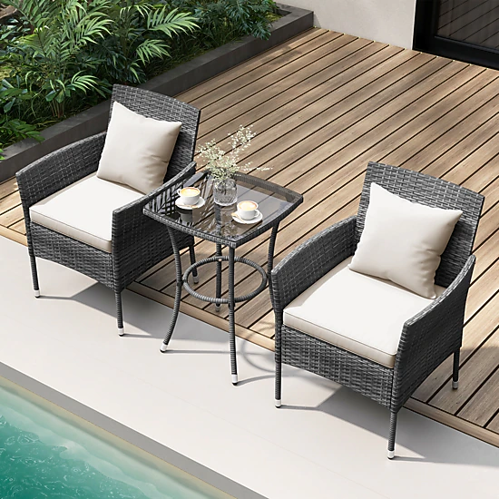 SUGIFT 3-Piece PE Rattan Patio Conversation Set with Cushioned Chairs and Tempered Glass Table 400-lb Chairs Off White