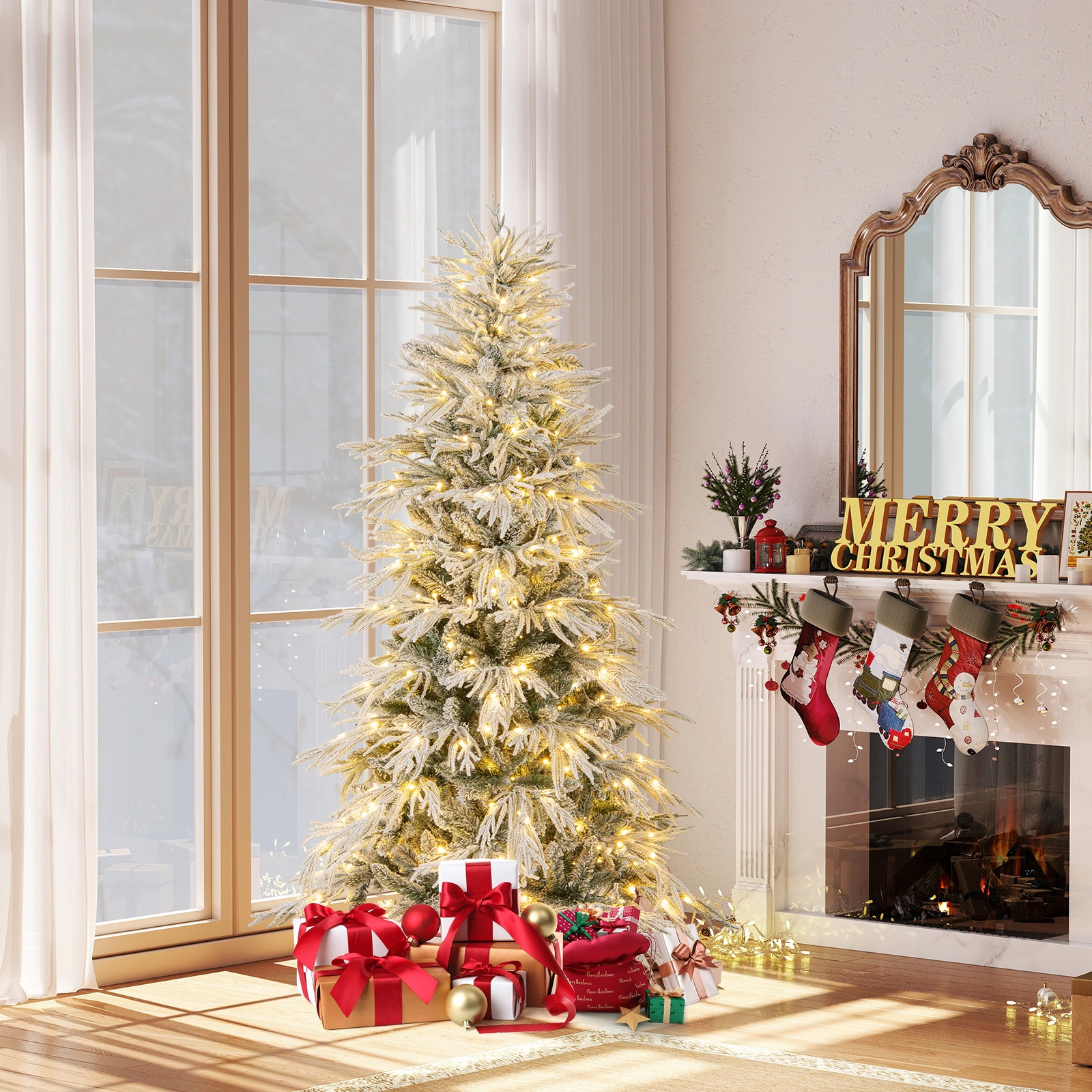 SUGIFT 6-ft Snow Flocked Hinged Pre-Lit Xmas Tree with 594 Branch Tips and 250 LED Lights and Gloves