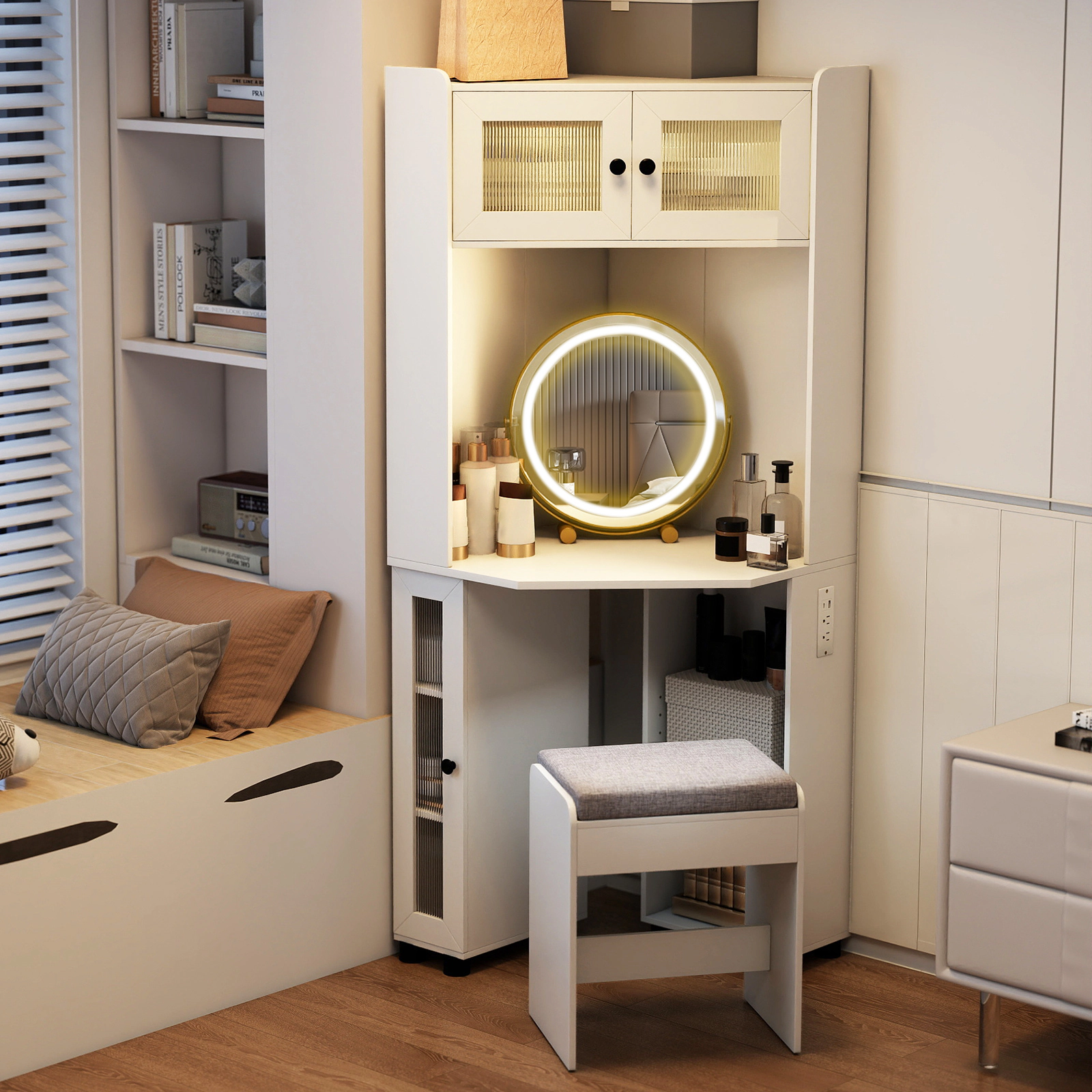 LJG Compact Dressing Corner Vanity Desk with Mirror and Lights