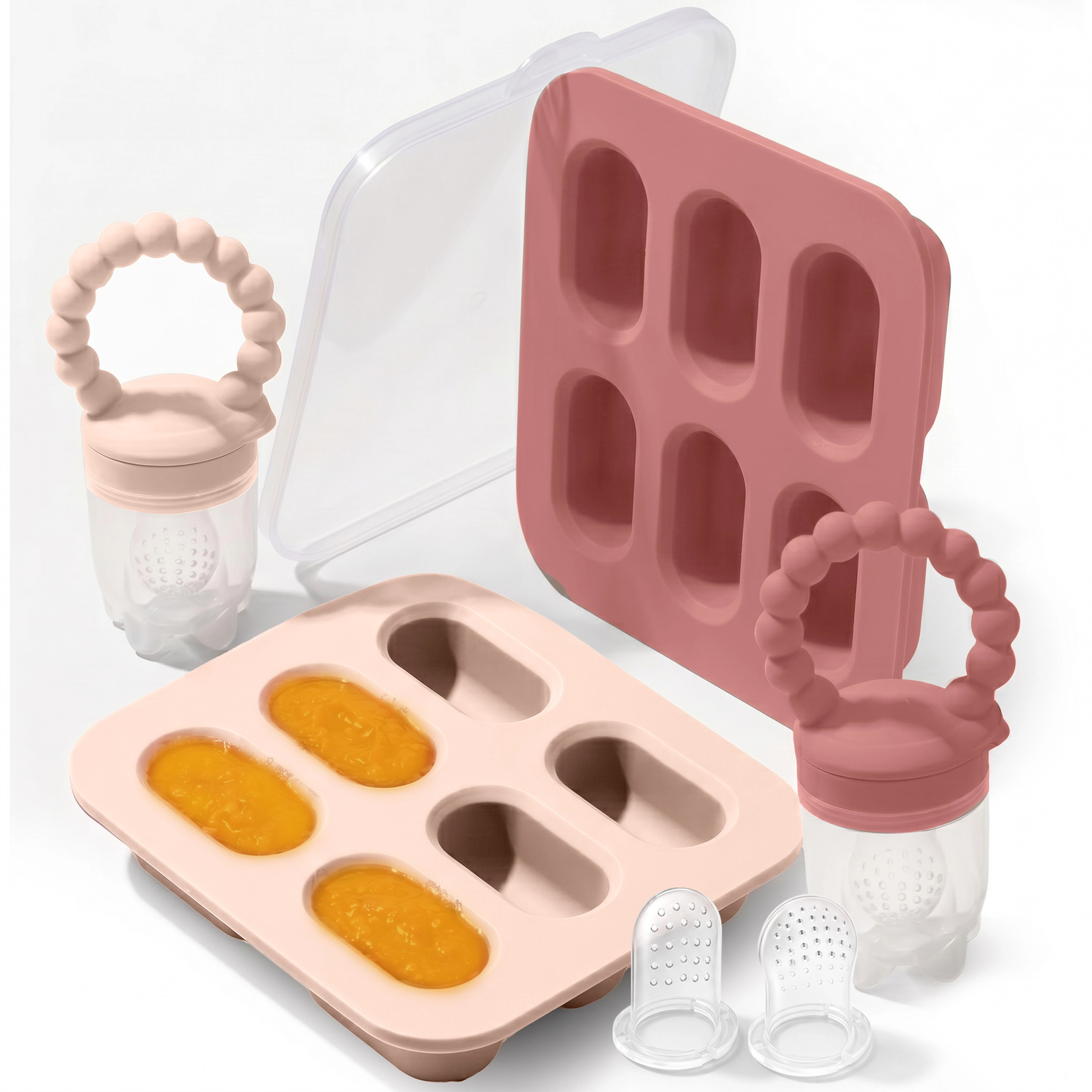 Sperric Silicone Baby Fruit Feeders Set of 2 with Freezer Tray, Extra Pouches & Travel Lids for Safe Batch Prep