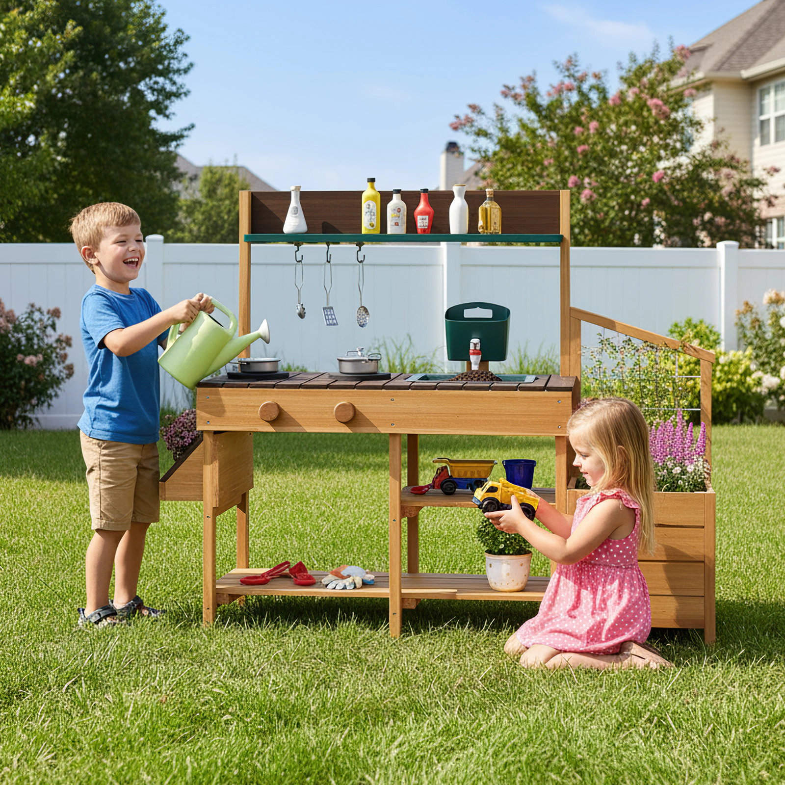 SUGIFT Planter Boxes Faucet and Cookware Kids Outdoor Wooden Mud Kitchen