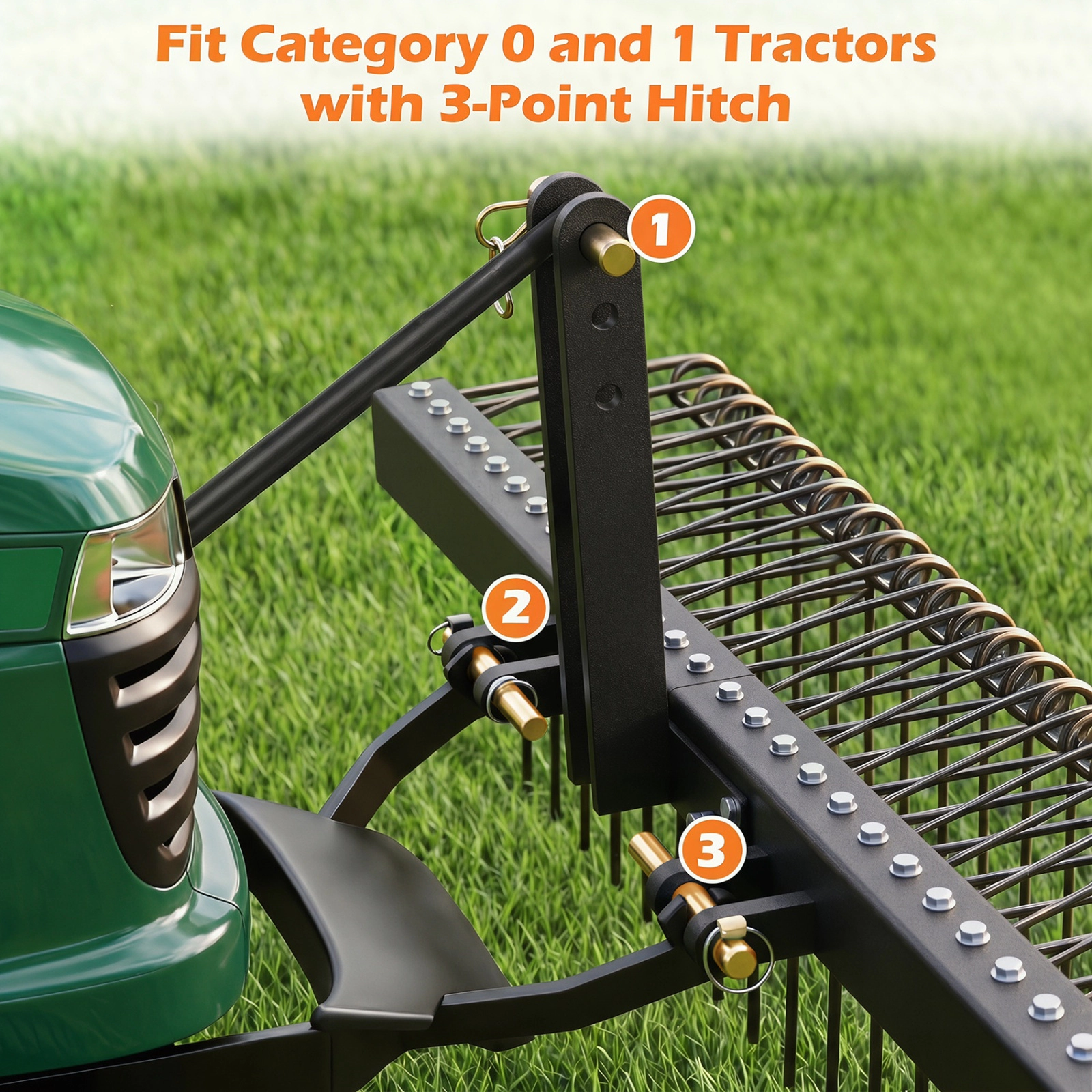 SUGIFT 60-in Tow Behind Pine Straw Rake with 26 Metal Coil Tines 3-Point Hitch and 3-Level Height Adjustment