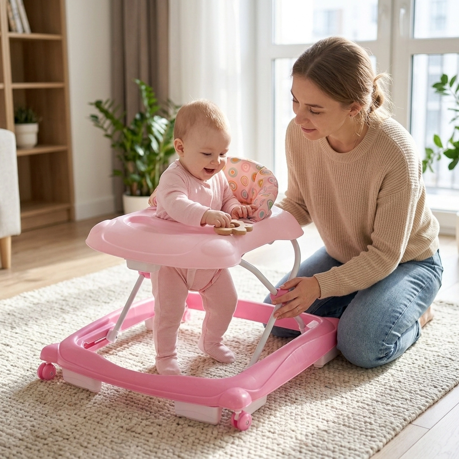 Foldable Baby Walker with 3 Tool-Free Height Settings Music Tray with Lights and Machine-Washable Padded Seat Pink