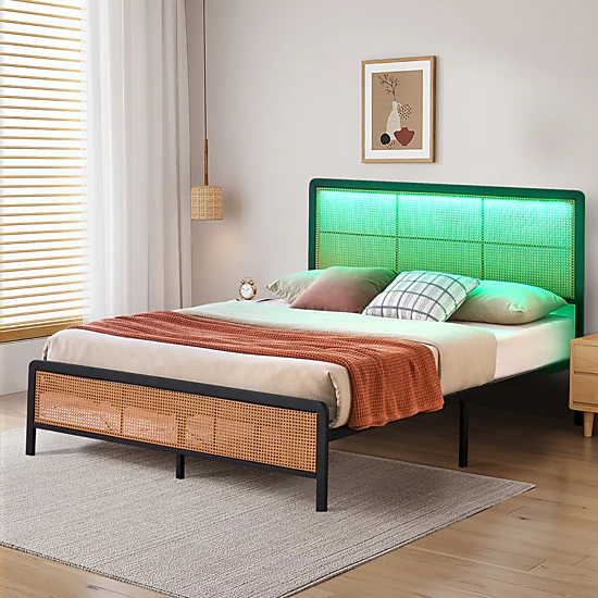 BebreezChic Modern Boho Rattan Metal Platform Bed Frame with Smart RGB ...