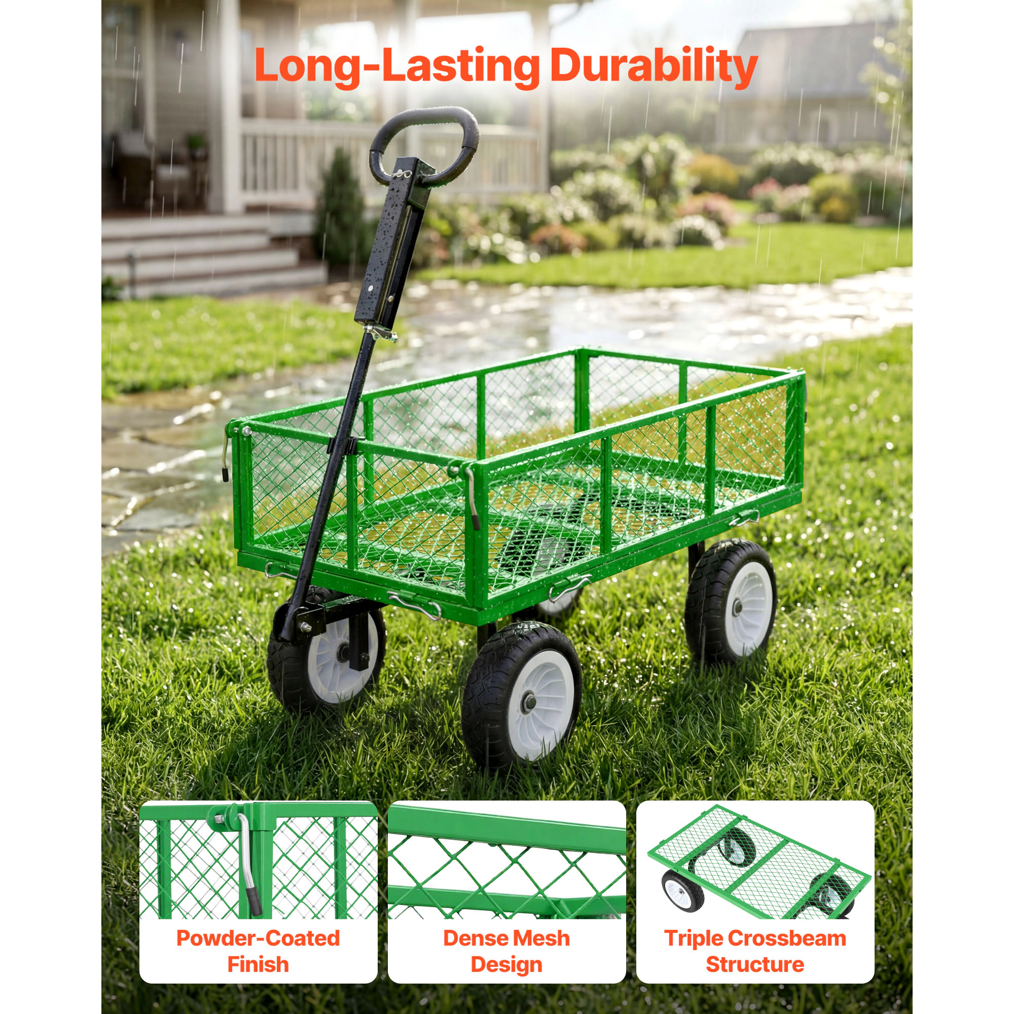 HONGGE Garden Cart 900 LBS Heavy Duty Steel Yard and Garden Utility Wagon with 10-Inch Tires Outdoor Gardening Stool