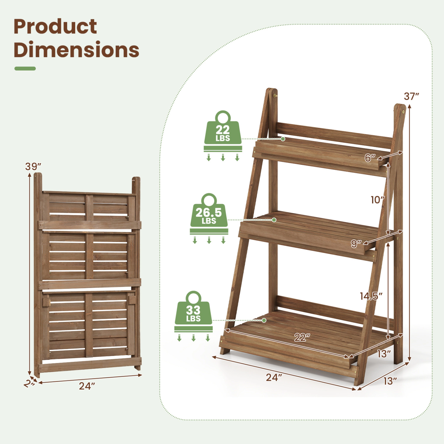 LJG 3-Tier Foldable Plant Stand with Slatted Shelves and Fir Wood Frame