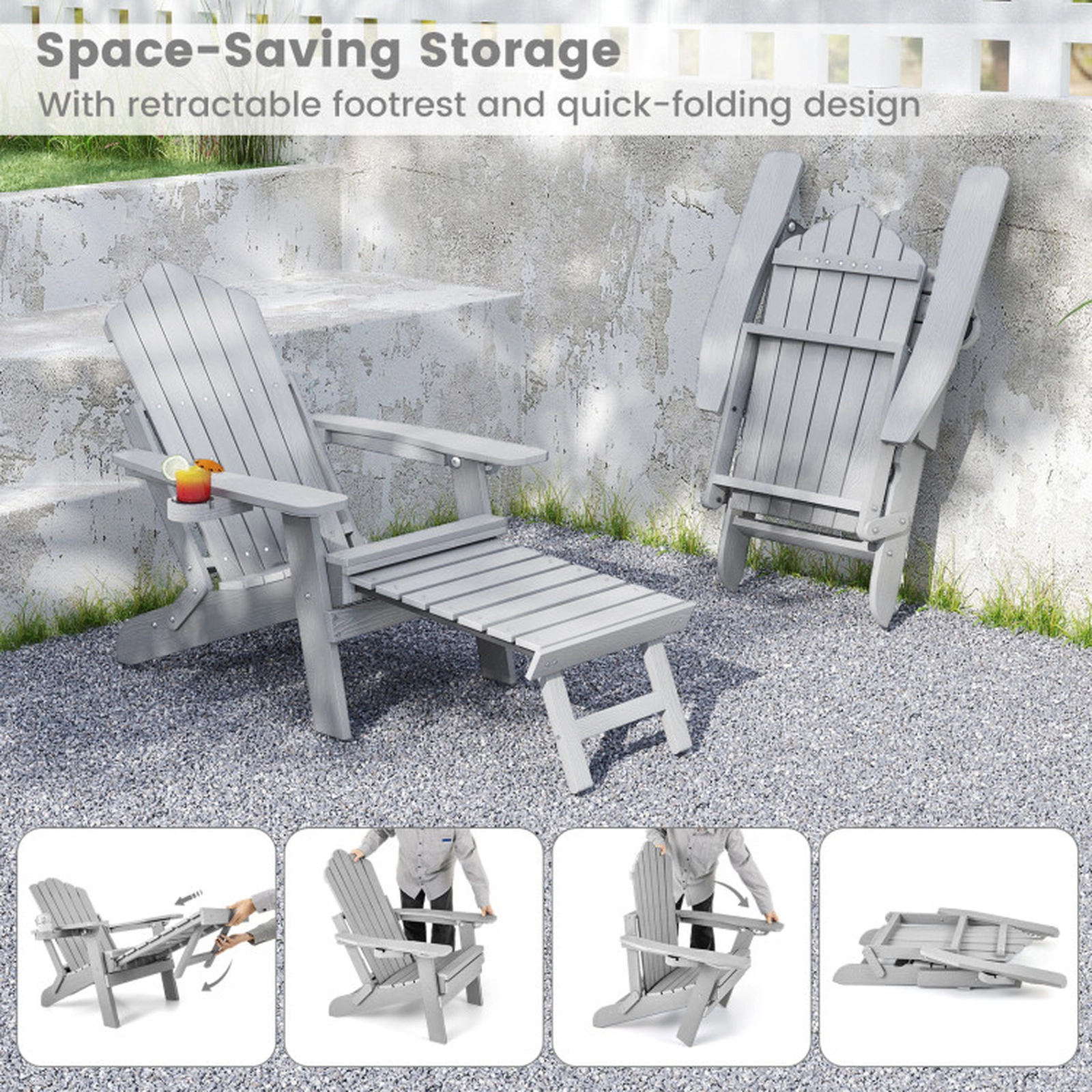 SUGIFT All-Weather HIPS Folding Adirondack Lounge Chair 4-Position Backrest 400-lb Capacity Retractable Footrest Gray