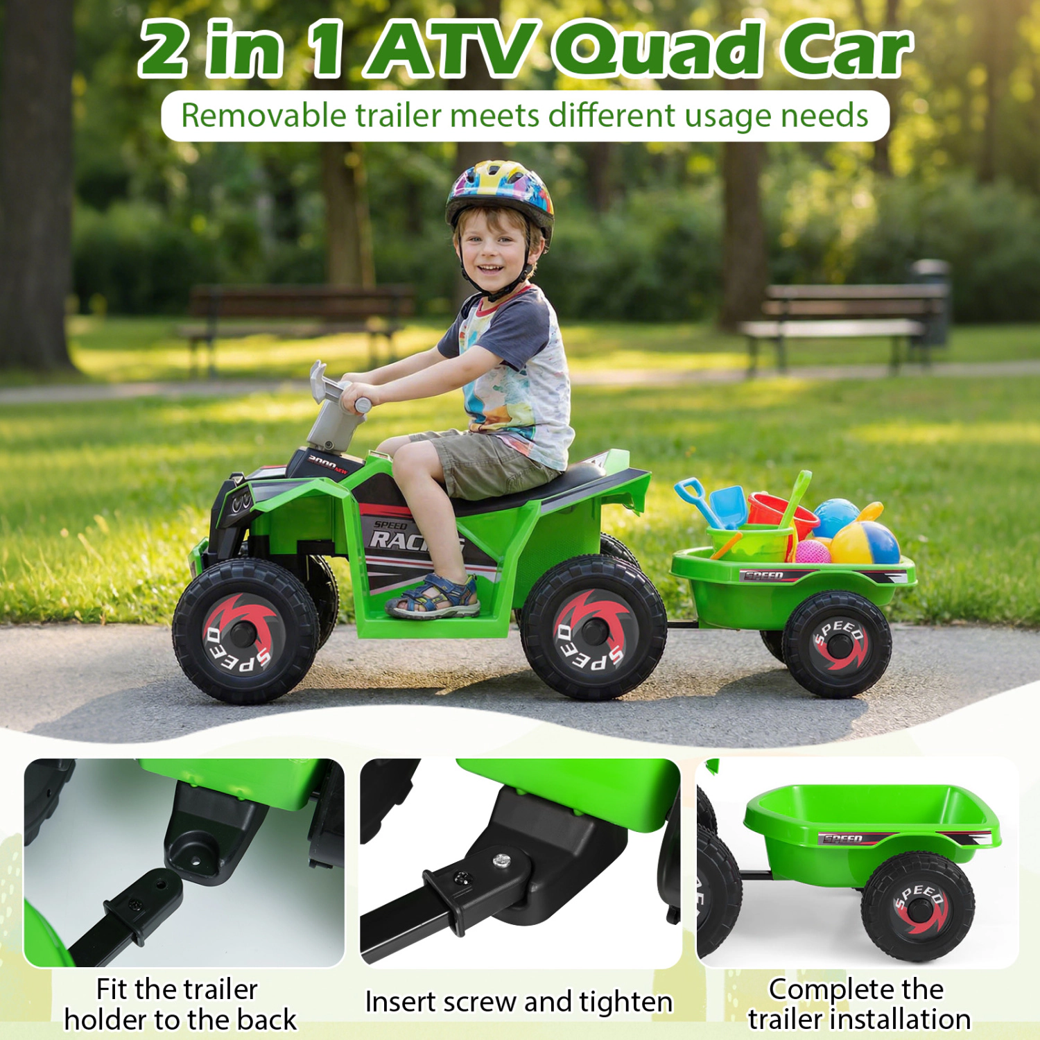 LJG 6V Kids Electric ATV Quad Car with Detachable Trailer