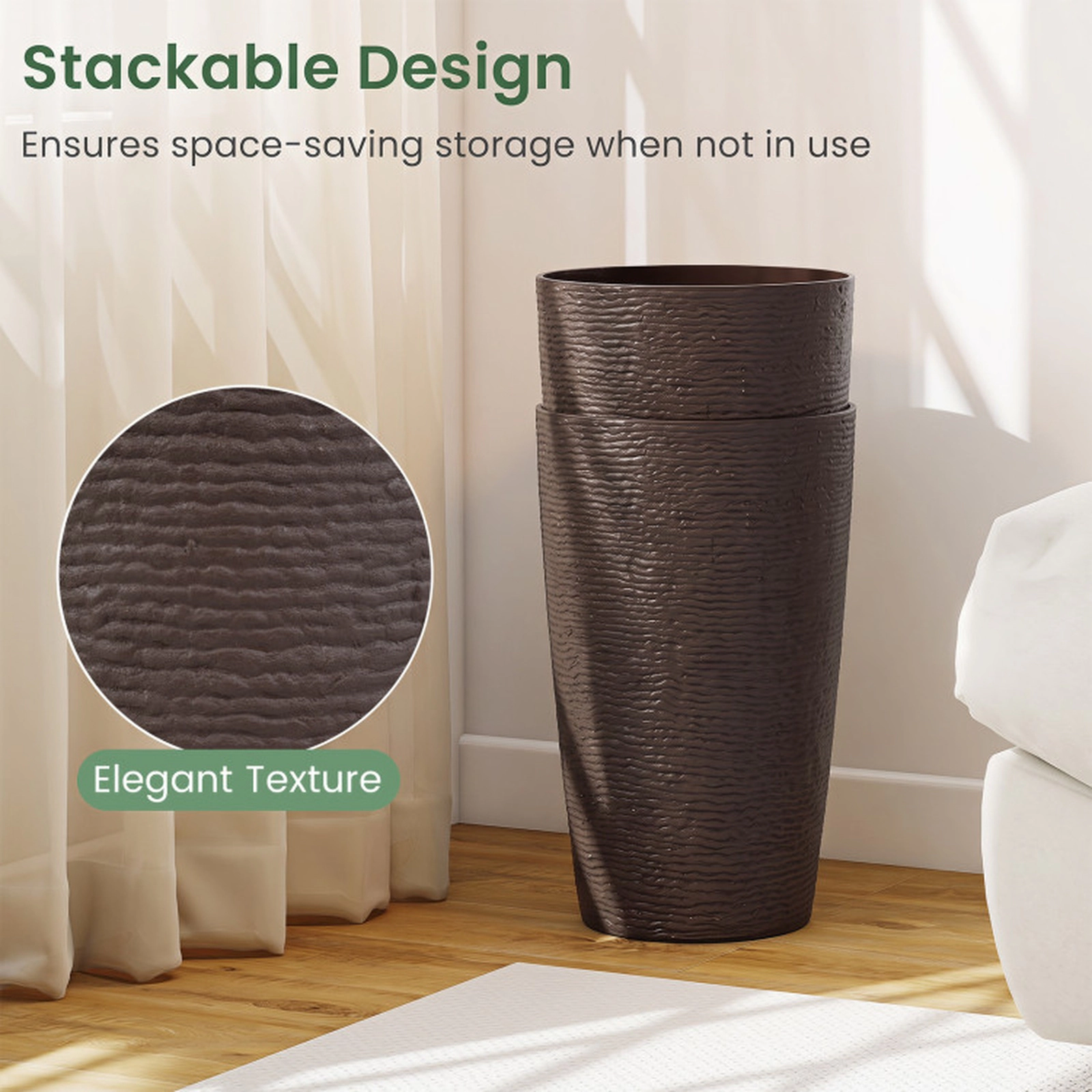 SUGIFT 21-in Tall Round Plastic Planters with Optional Drainage System Brown Set of 2