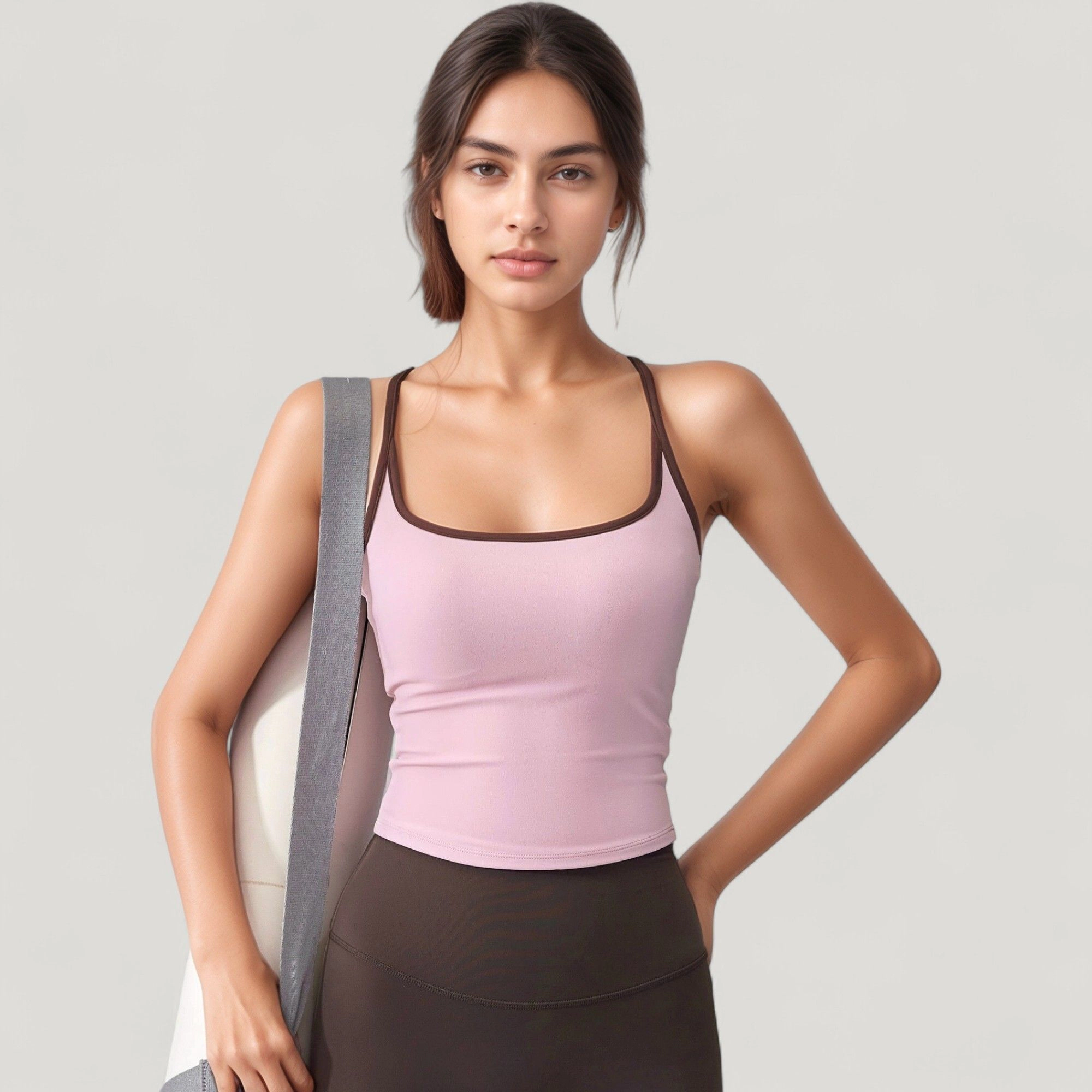 Anna-Kaci Women's Square Neck Fitted Crop Tank Top with Contrast Trim and Soft Stretch Fabric