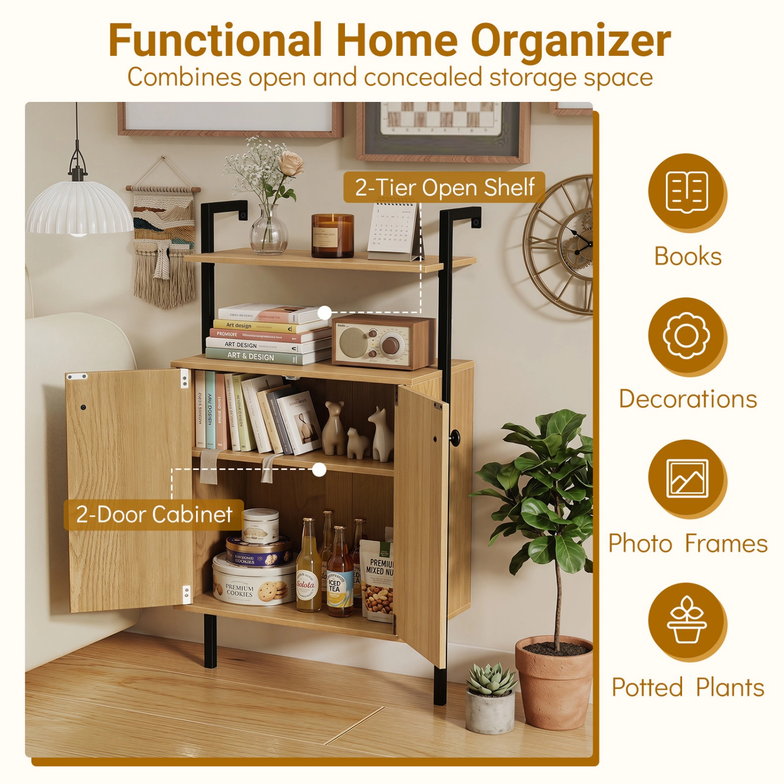 SUGIFT Natural 2-Door Wall Mount Bookshelf with Storage Cabinet and Open Shelves