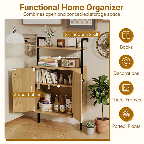 SUGIFT Natural Wall Mount Bookshelf with 2-Door Cabinet and Open Shelves 21.5-in W 38-in H 132-lb Total