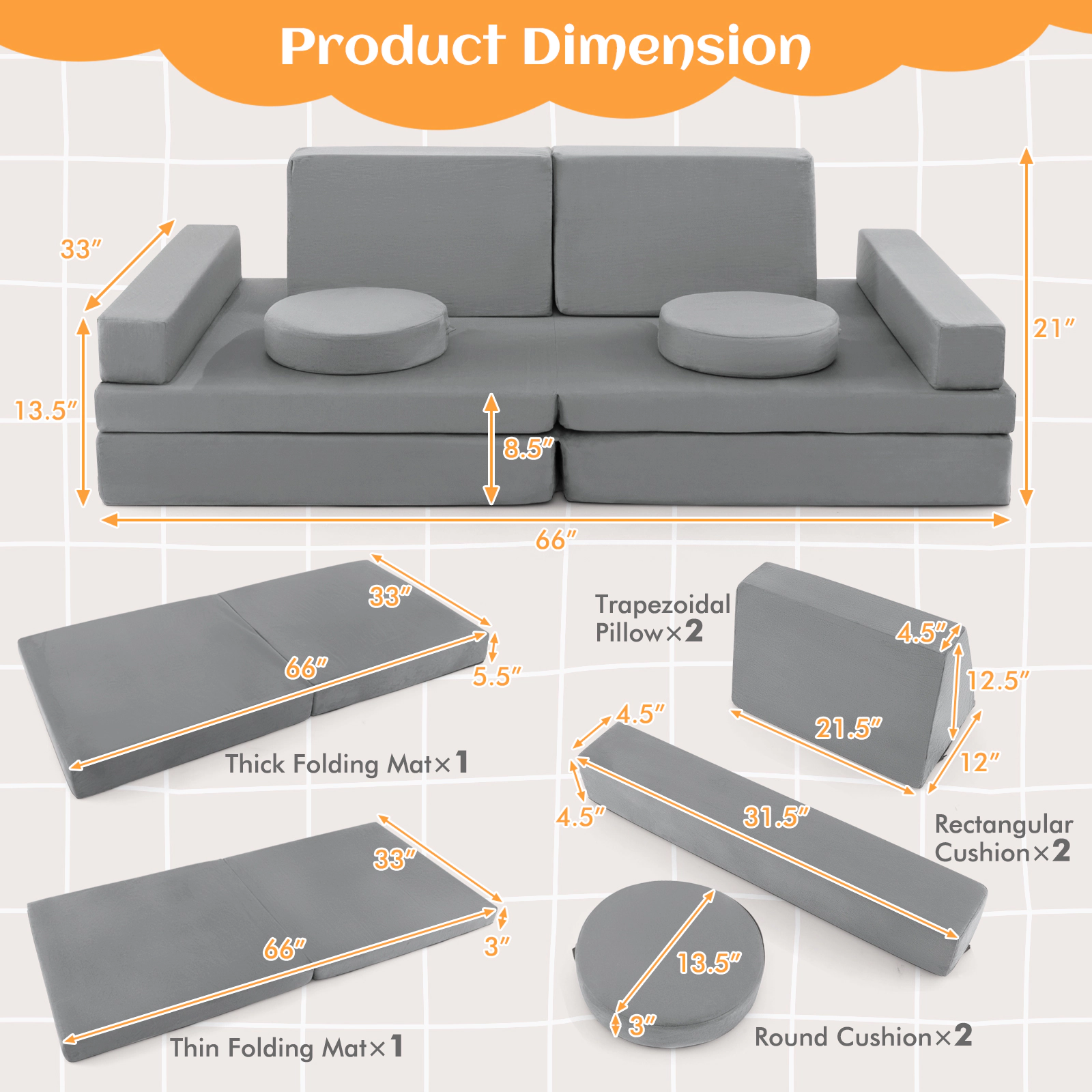 SUGIFT 10-Piece Gray Suede Modular Kids Play Couch Sofa Set with Portable Handle and Washable Covers
