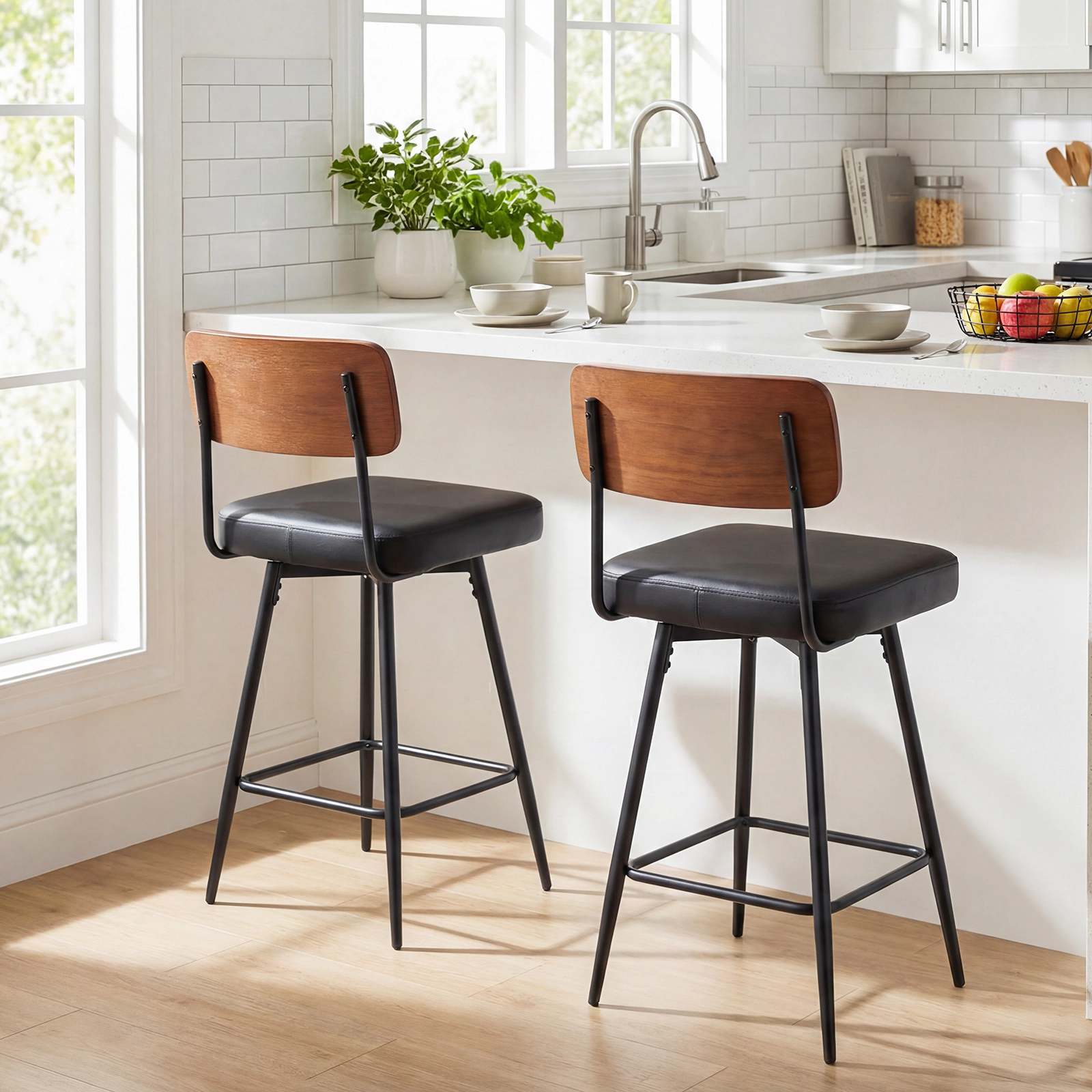 SUGIFT Set of 2 Black 27 in Swivel Counter Stools, Padded Seats, Wood Backrests