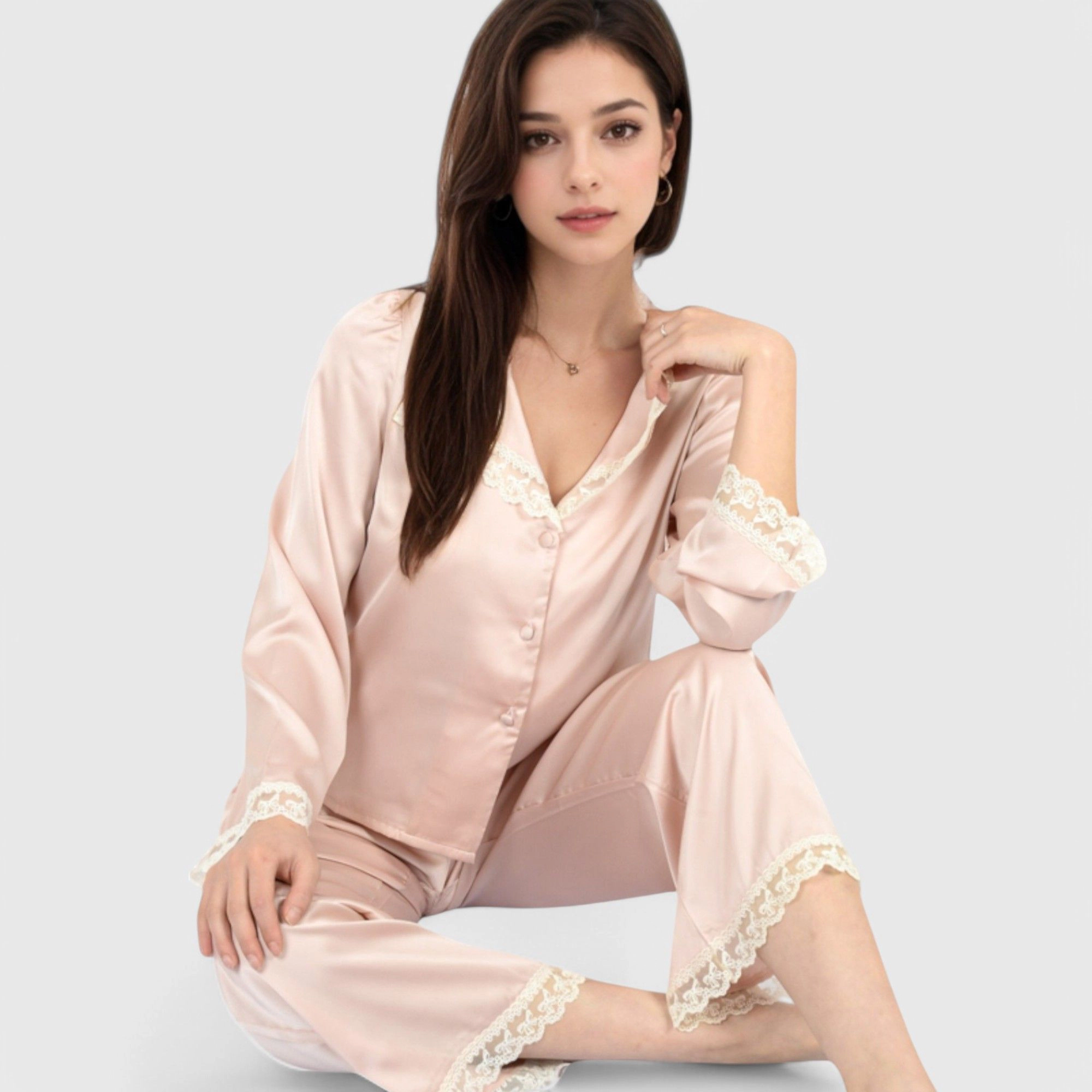 Anna-Kaci Women's Satin Pajama Set with Lace Trim and Button Up Long Sleeve Top