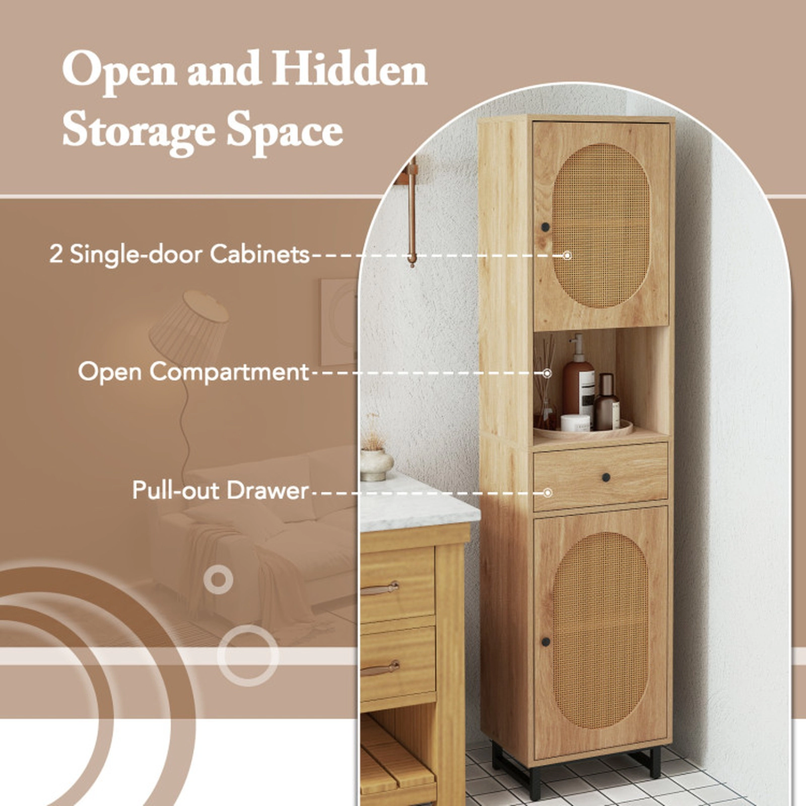 SUGIFT 67-in Tall PE Rattan Bathroom Floor Cabinet with Drawer 33-lb Shelf Capacity 22-lb Drawer Capacity Natural