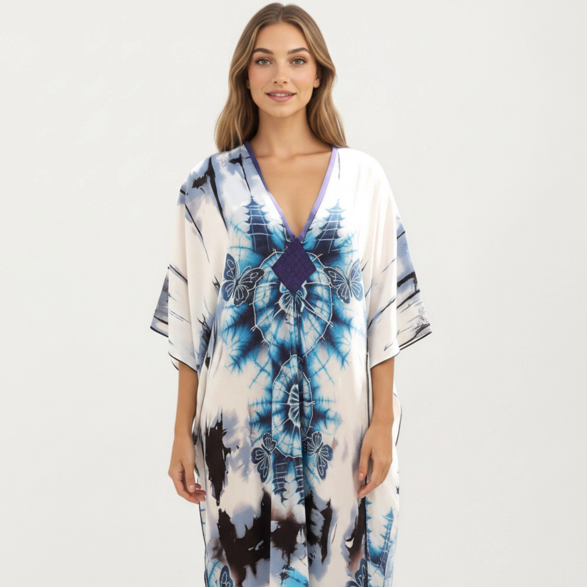 Anna-Kaci Women's Tie Dye Medallion Kaftan Maxi Dress with V-Neckline and Relaxed Flowy Silhouette