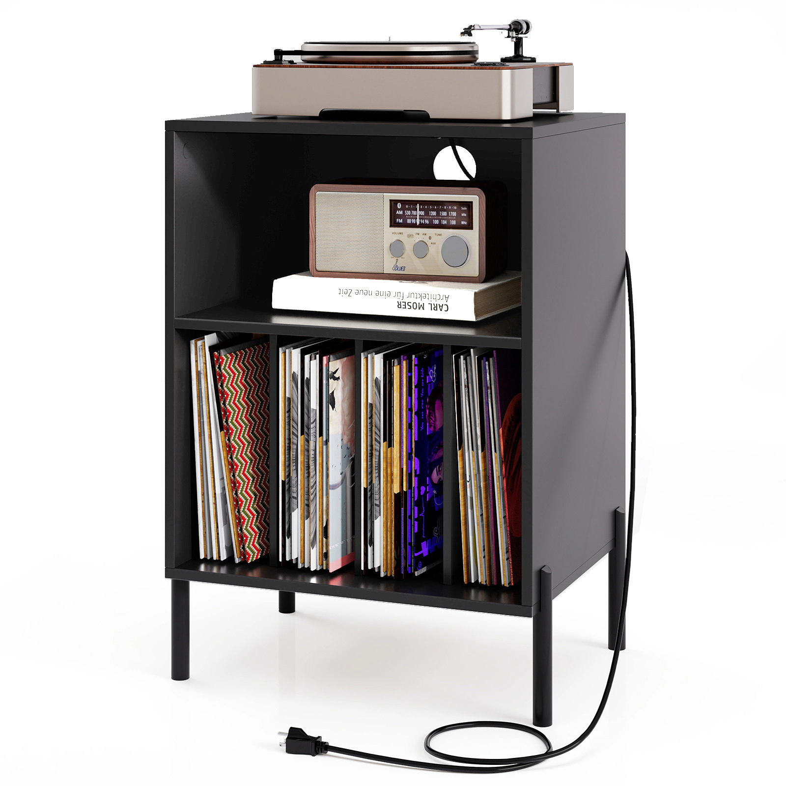 LJG Record Player Stand with Storage Shelf and Charging Station