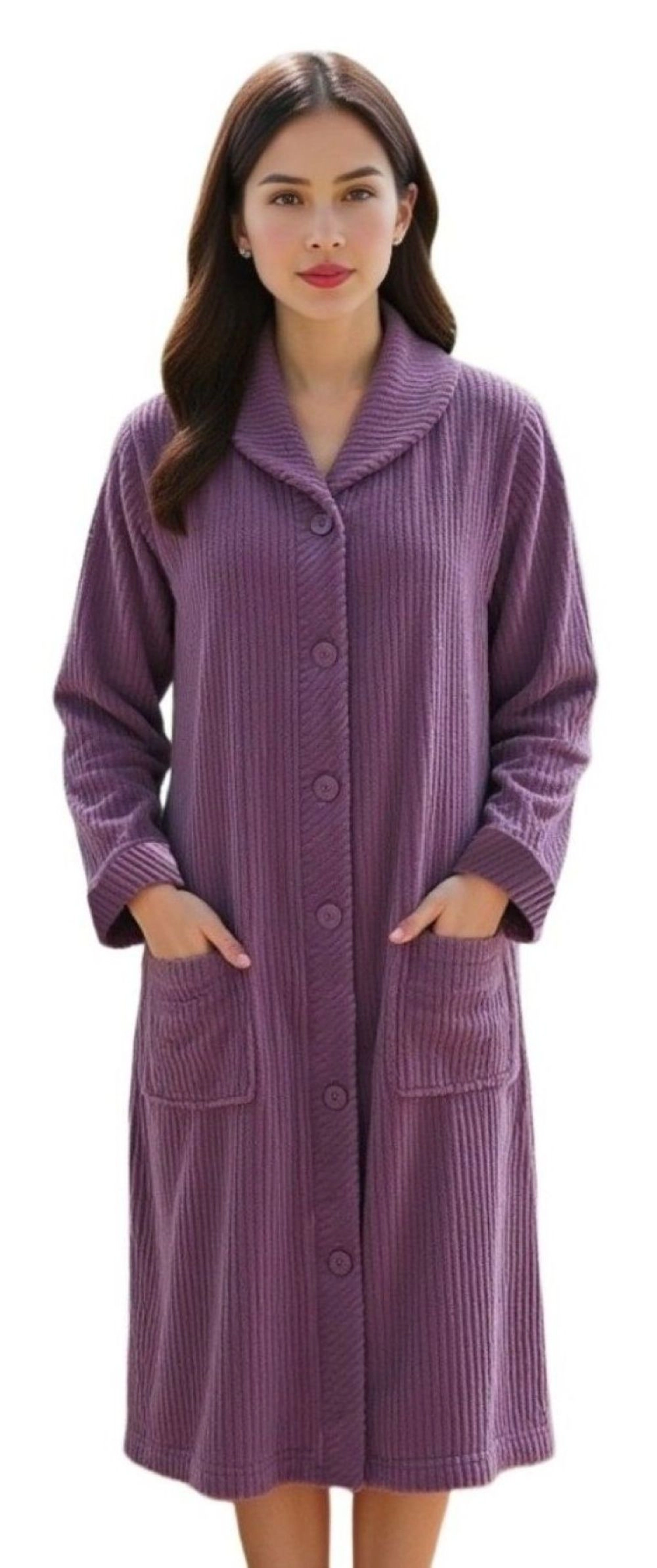 Loungees Plush Coral Fleece Robe, Mid-Length Button Front Bathrobe with Shawl Collar