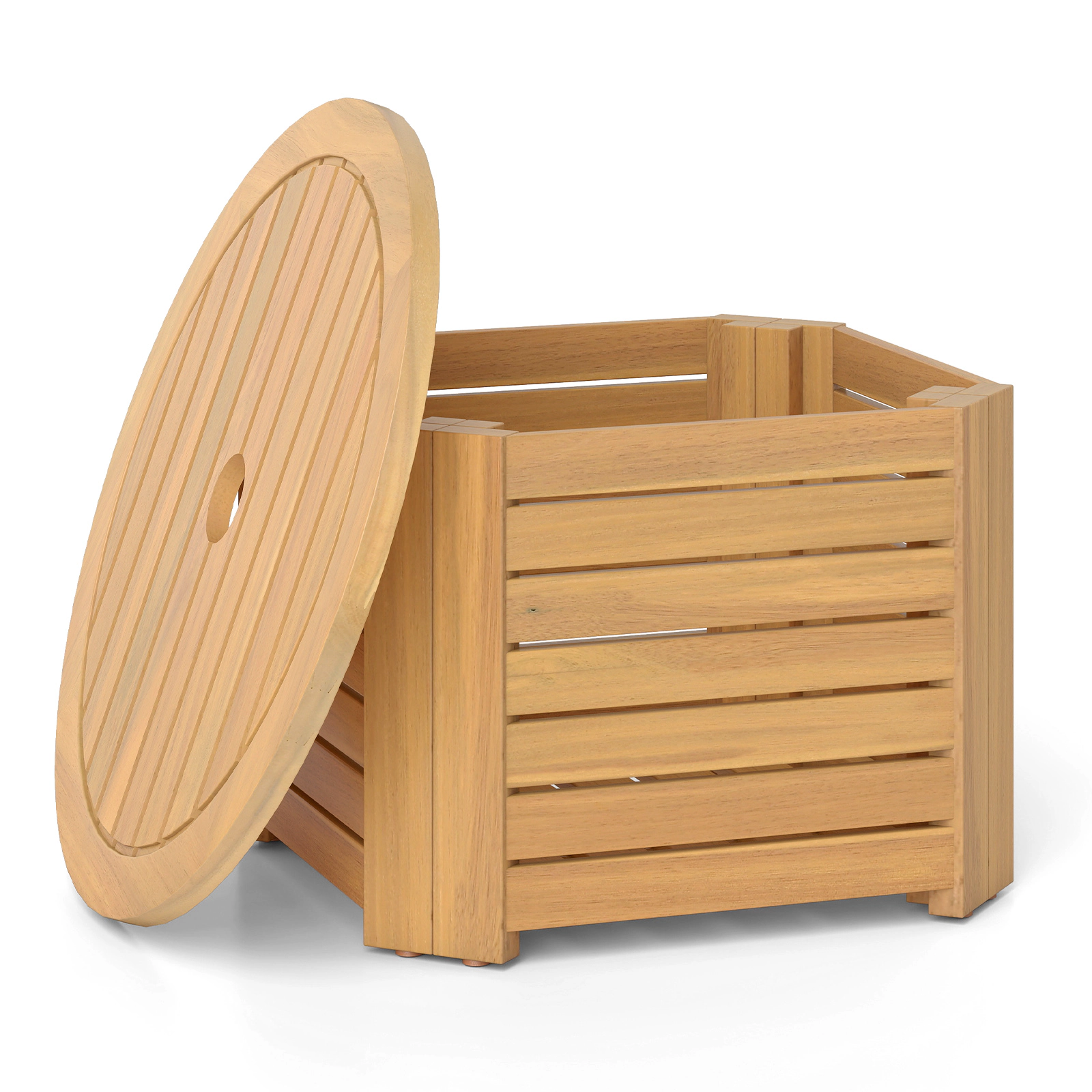 SUGIFT Acacia Wood Removable Top Umbrella Hole Storage Patio Side Table In Natural