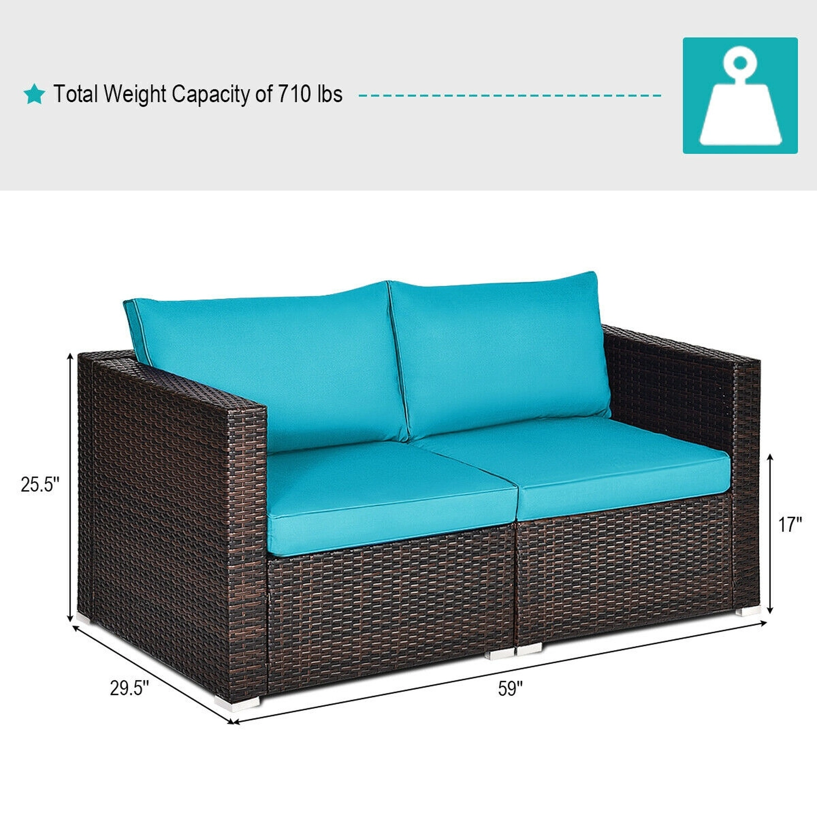 SUGIFT 2 Piece Patio Rattan Corner Sofa Set Blue Sectional Conversation Set with Cushions