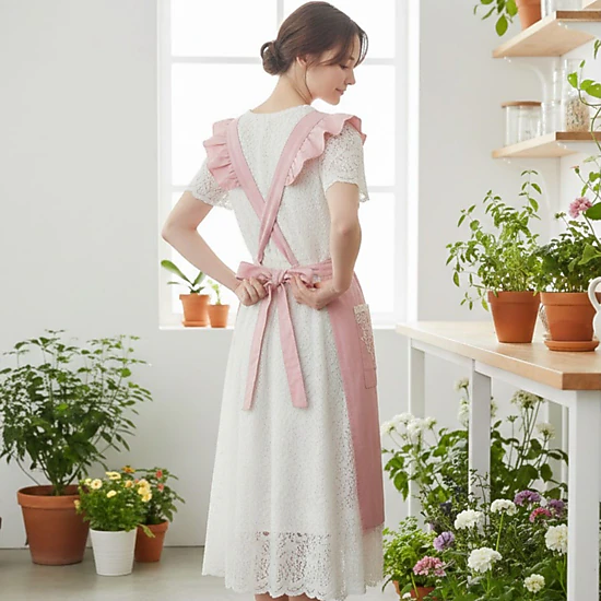 Alilang Unisex Lace Trim Ruffle Kitchen Apron with Embroidered Bib Detail Dual Front Pockets and Adjustable Waist Ties