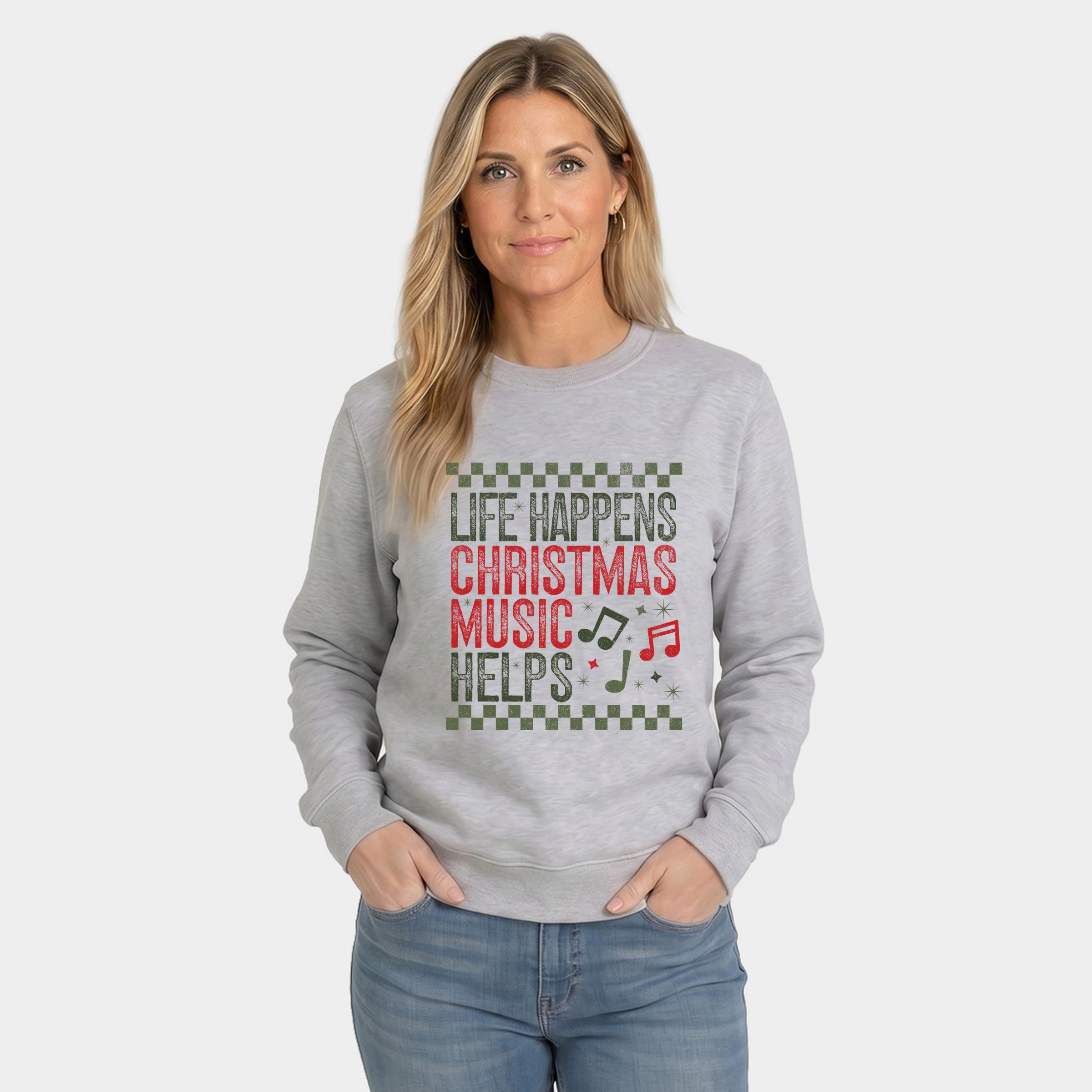 Simply Sage Market - Women's Graphic Sweatshirt Christmas Music Helps Checkered