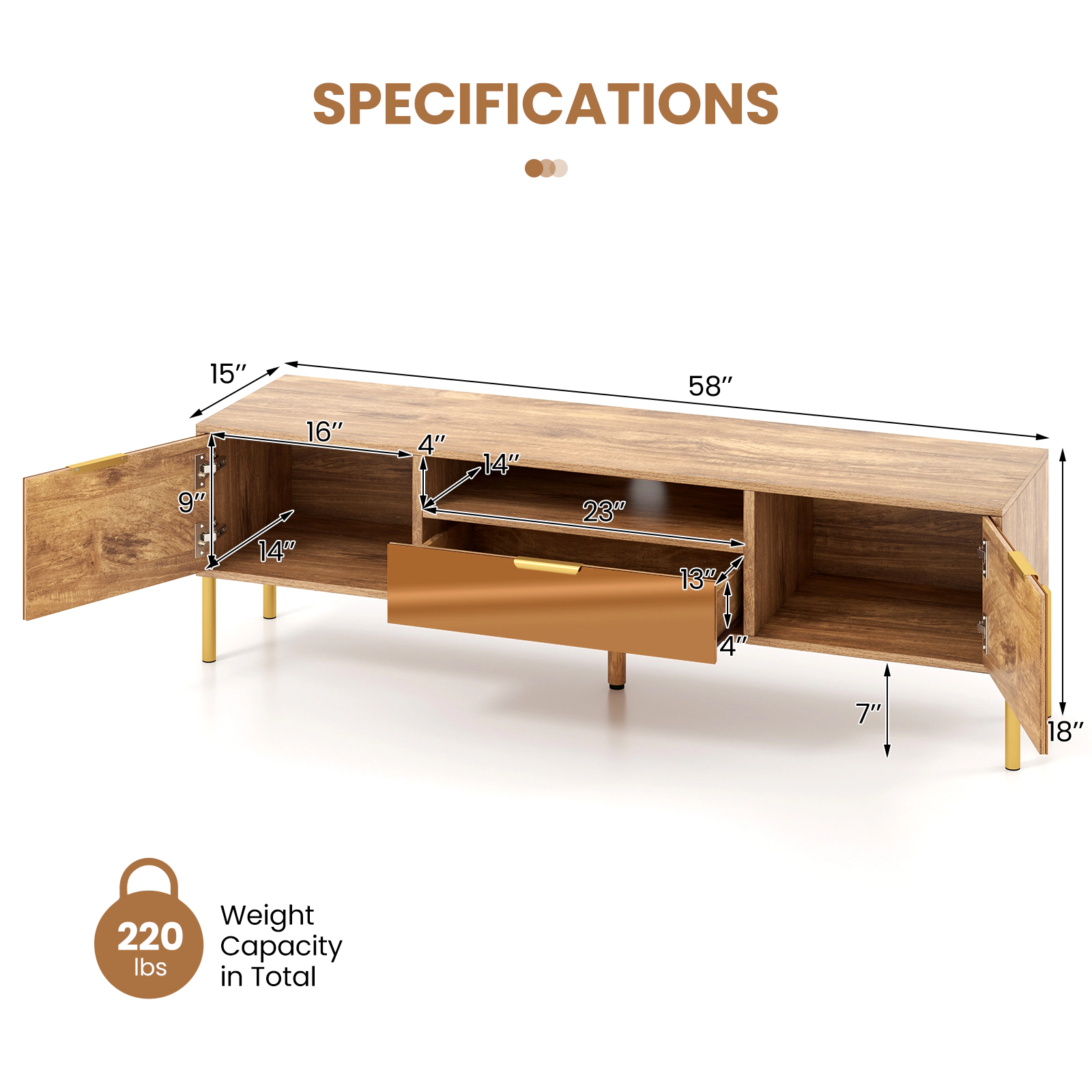 SUGIFT Mirrored TV Stand for TV up to 65 Inch with 58-in Tabletop, Drawer and 2 Storage Cabinets 220-lb Capacity Natural
