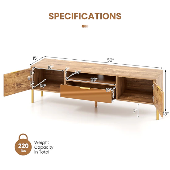 LJG Mirrored TV Stand for TV up to 65 Inch with Spacious Tabletop and 2 Storage Cabinets