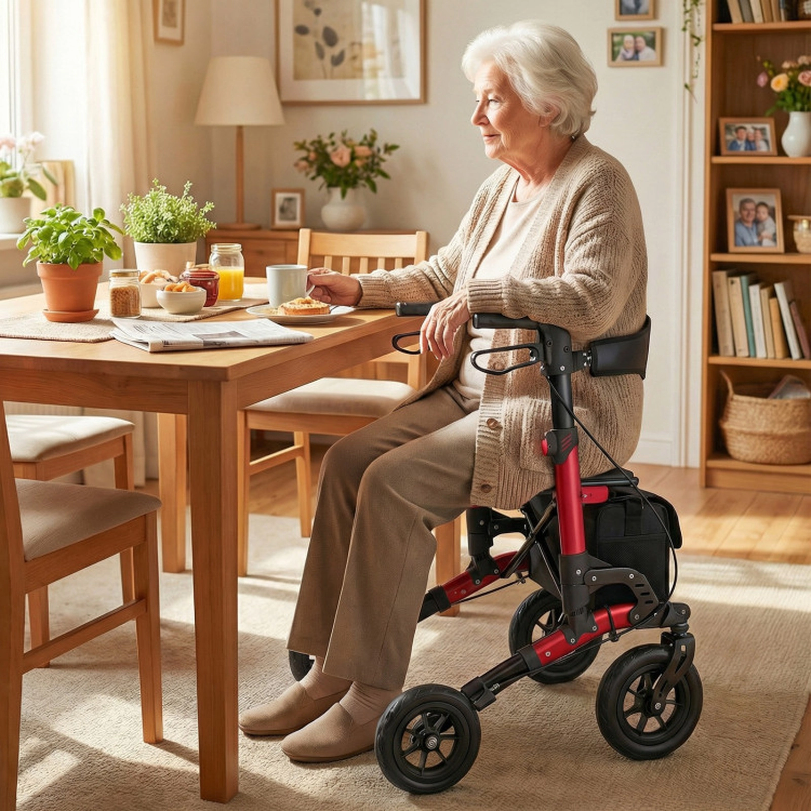 SUGIFT Folding Rollator Walker, 300 lb Capacity, Spring Suspension, Seat, Mesh Back, 6 Height Levels
