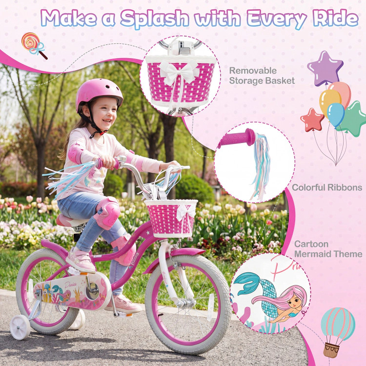 Hivvago Kids Bike Adjustable with Basket and Streamers Rose Red - Princess of the Sea Theme