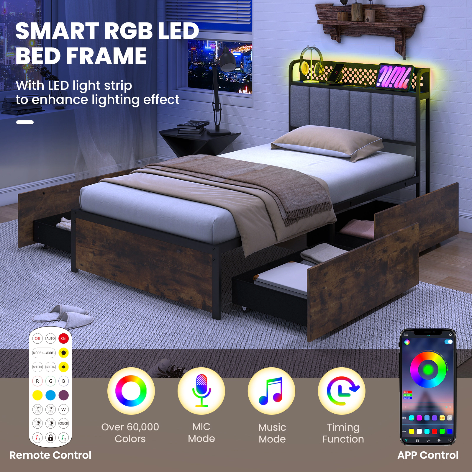 SUGIFT Twin Size 4-Drawer LED Storage Bed Frame with Upholstered Headboard and Power Outlets Rustic Brown
