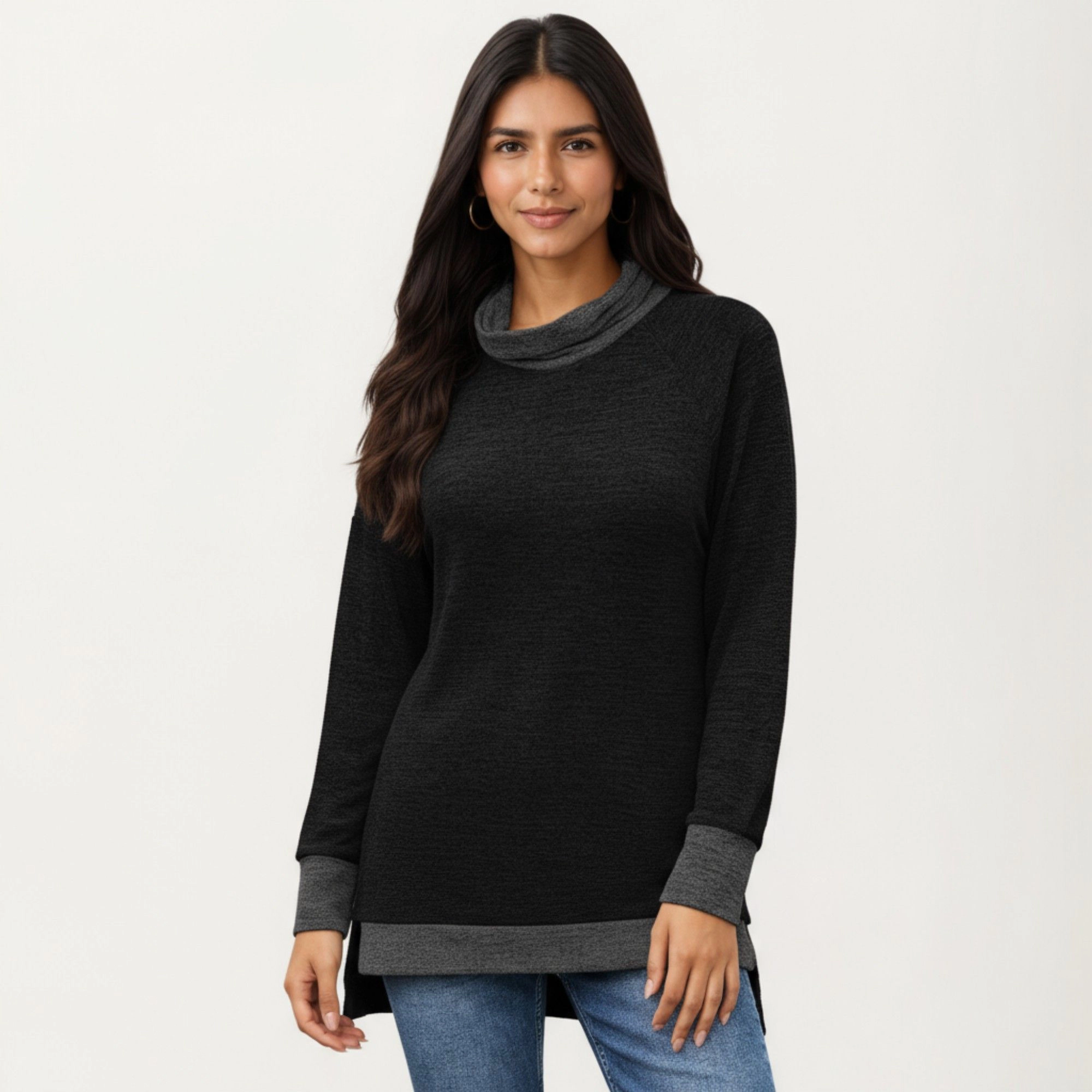 Anna-Kaci Women's Cowl Neck Contrast Cuff Hem Long Sleeve Knit Top