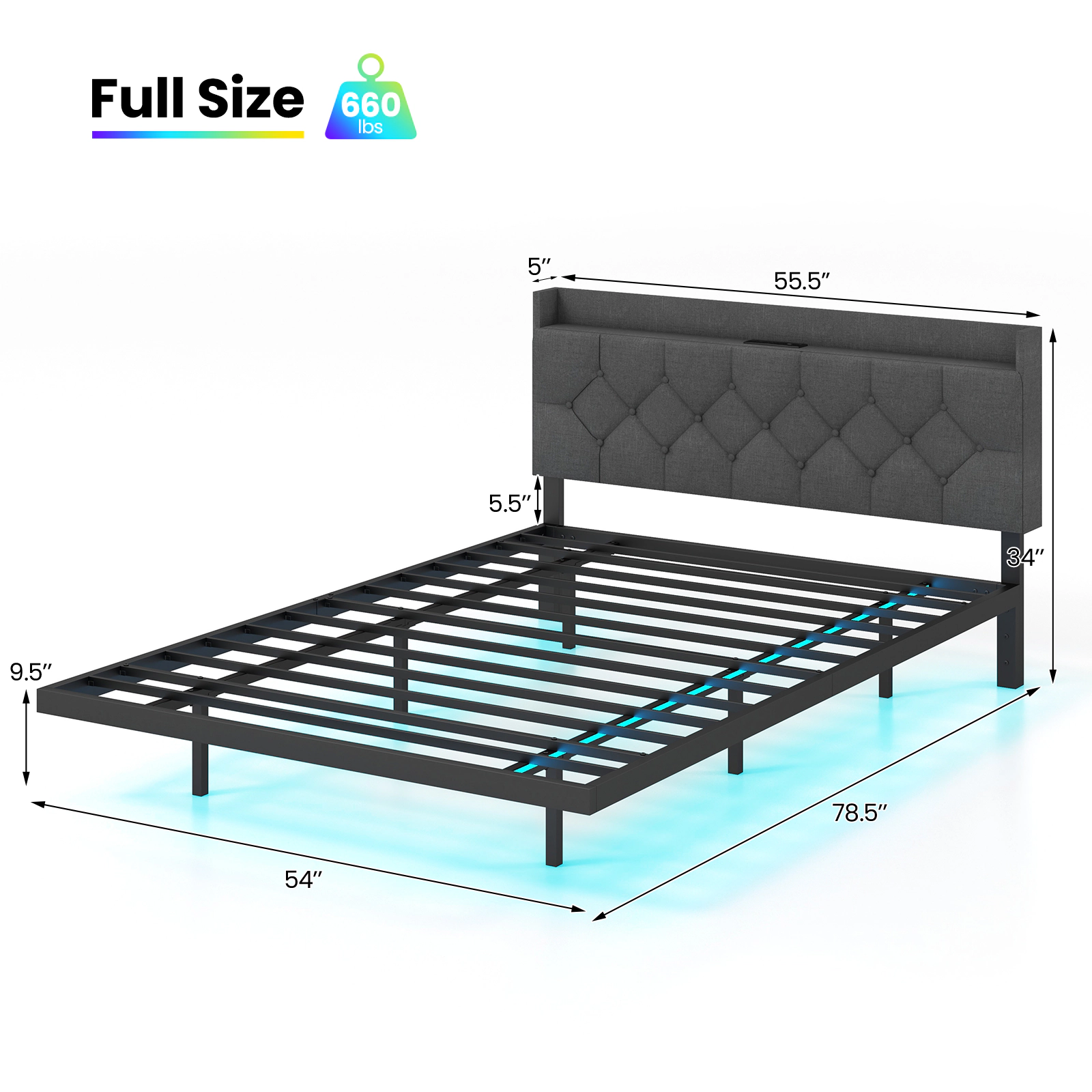LJG Full/Queen Size Floating Bed Frame with LED and Headboard and Charging Station
