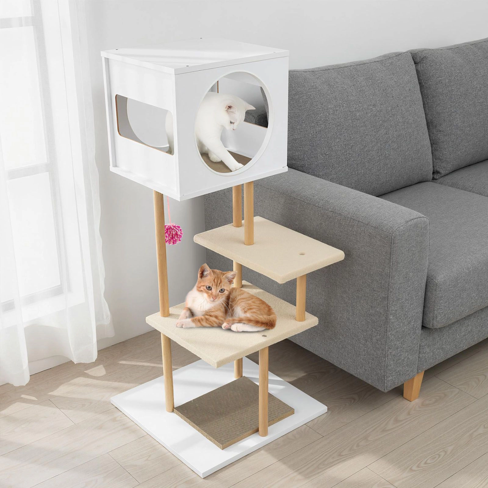 SlickBlue 40" Wooden Cat Tree with Corrugated Scratching Pads and Condo