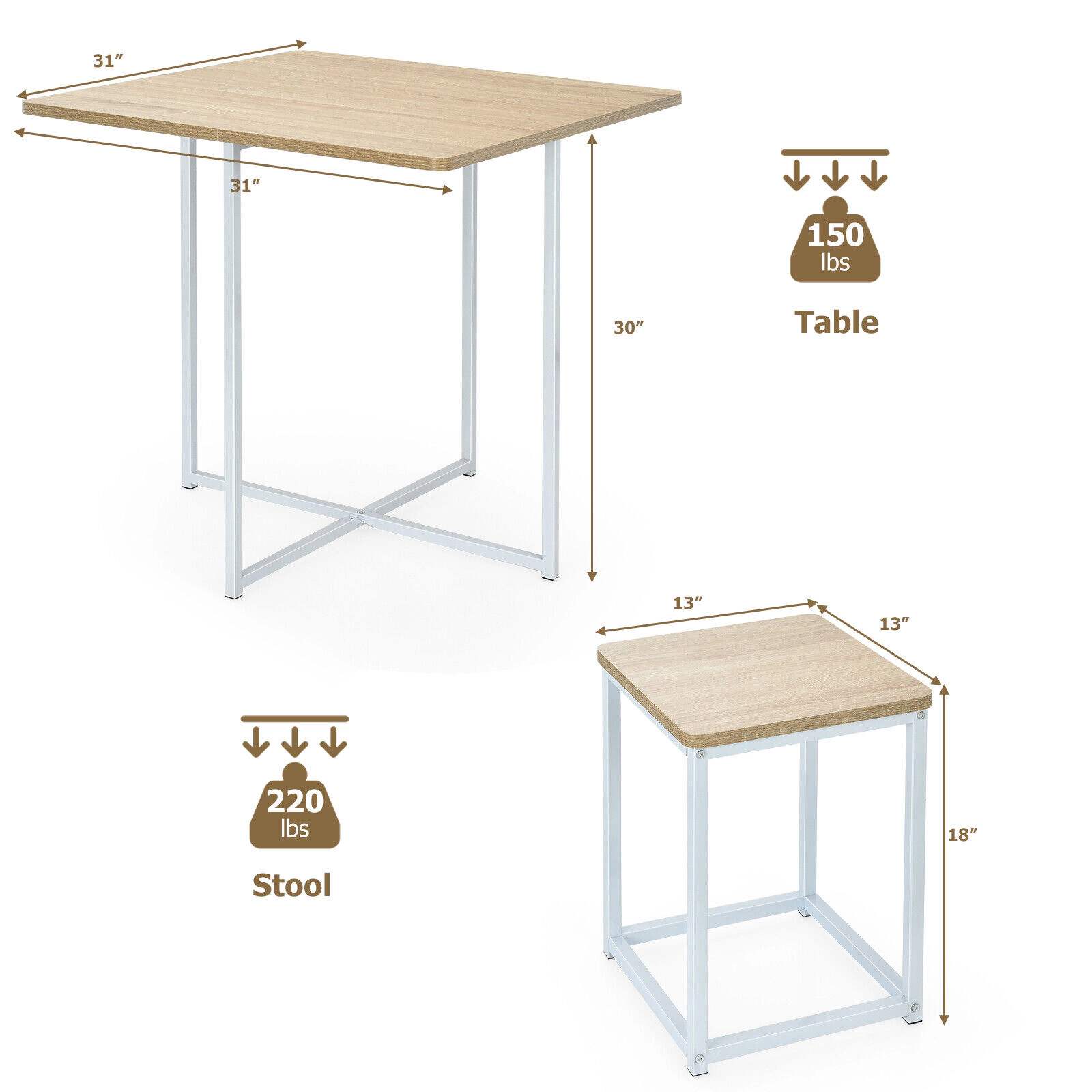 SUGIFT 5-Piece Steel Frame Square Table 4 Stools Compact Dining Set 31-in x 31-in x 30-in 150-lb Capacity Natural