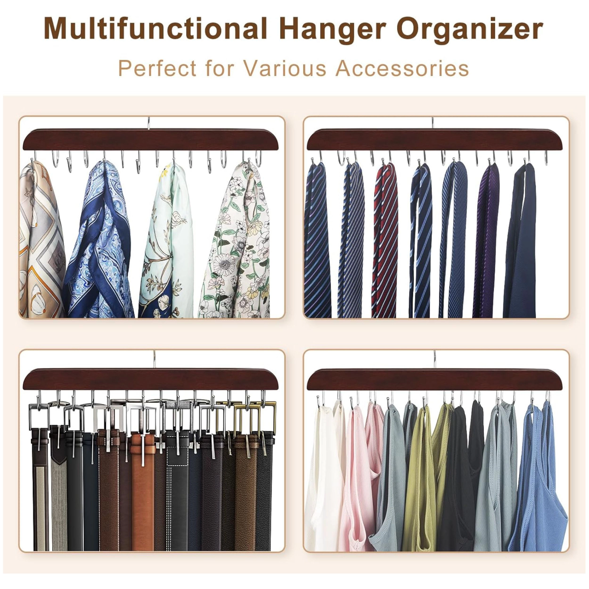 Stock Preferred Wooden Belt Hanger with 14 Hooks Holds Up to 42 Belts Closet Organizer