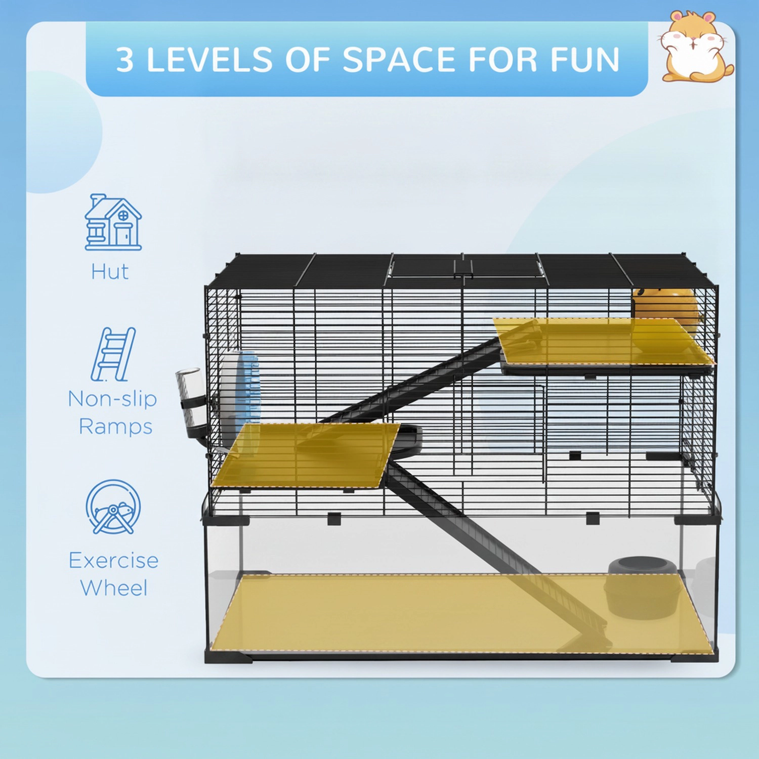 HONGGE Hamster Cage Gerbil Cage with Glass Basin for Small Hamsters Black