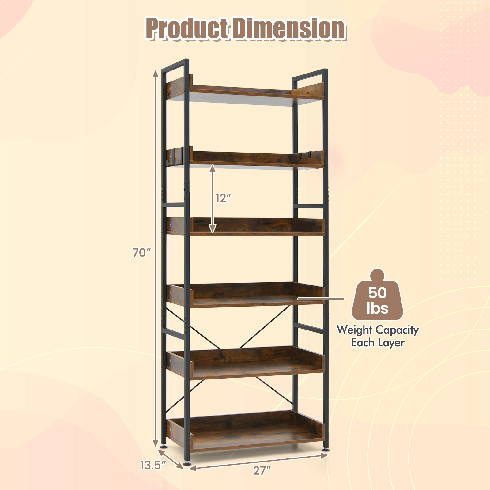 SUGIFT 6-Tier Rustic Brown 70-in Tall Industrial Bookshelf with 4 Hooks Raised Edges and 50-lb Shelves