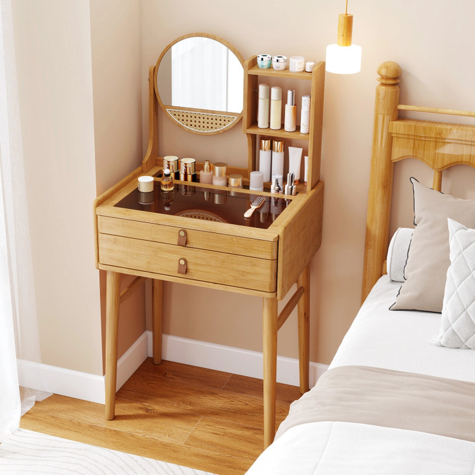 SUGIFT Small Bamboo Vanity Desk with Tempered Glass Top and Rotating Mirror