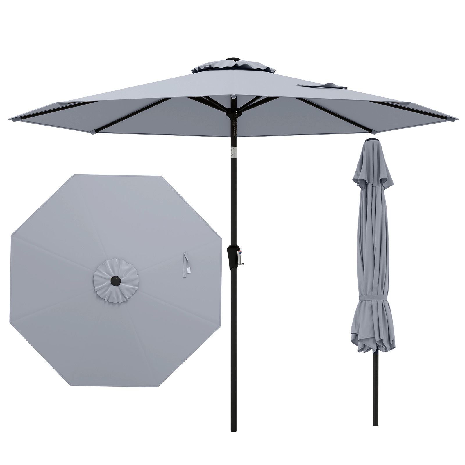 SUGIFT 9-ft Outdoor Market Patio Table Umbrella with Push Button Tilt Crank Lift Gray